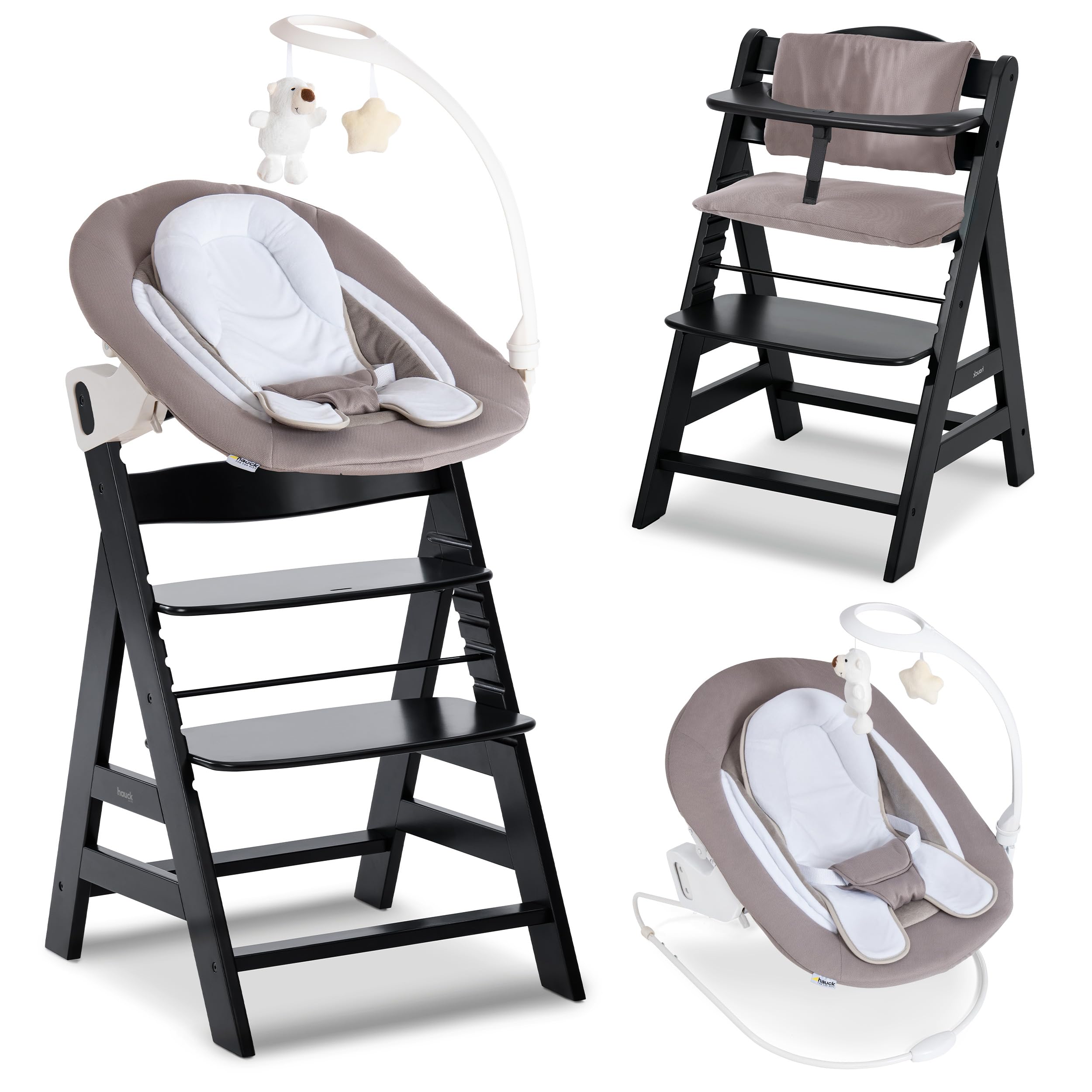 hauck Chaise Haute Bébé Alpha+ avec Siège Nouveau-né Deluxe - Black | Chaise haute évolutive en bois, de la naissance à 90 kg, inclus assise avec arche éveil bébé, coussin, idéal pour repas