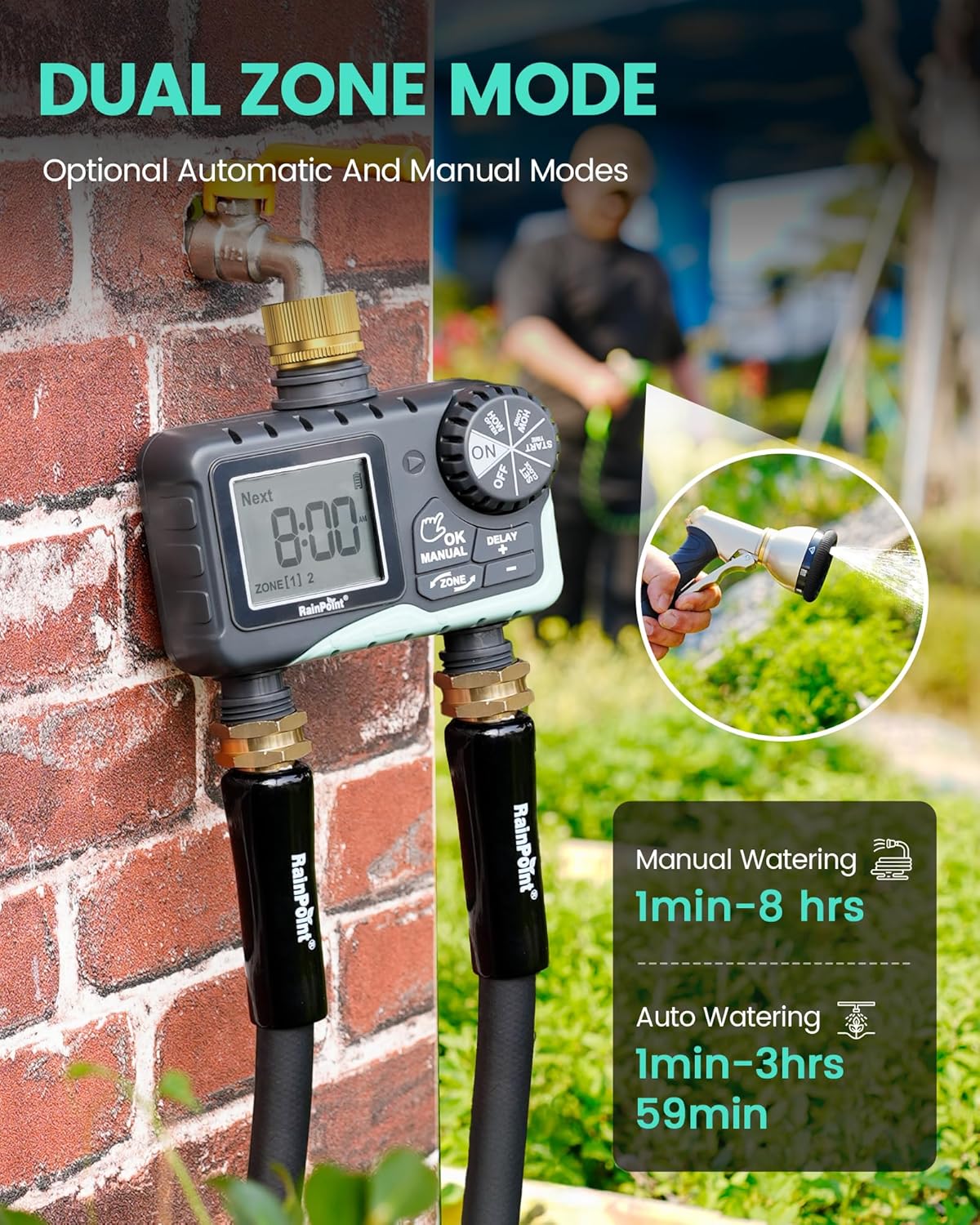 RAINPOINT Sprinkler Timer 2 Outlet, Water Timer for Garden Hose, for Yard Outdoor Watering, Rain Delay/Manual/Automatic System Controller Brass Inlet, V2 - Image 7