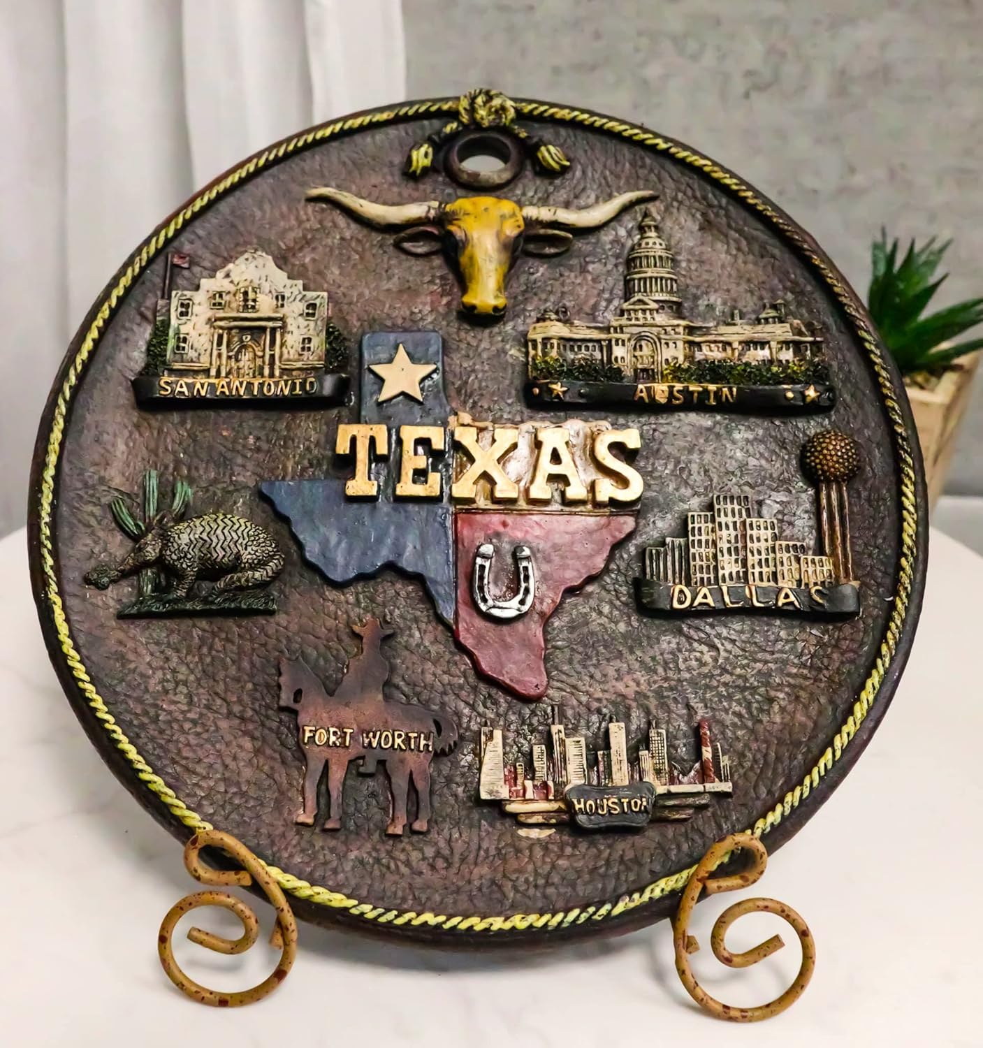 Ebros Gift Rustic Western Patriotic Texas State Map with Major Cities Dallas San Antonio Fort Worth Austin Houston Wall Or Desktop Plate Round Plaque Figurine Old World Wild West Accent