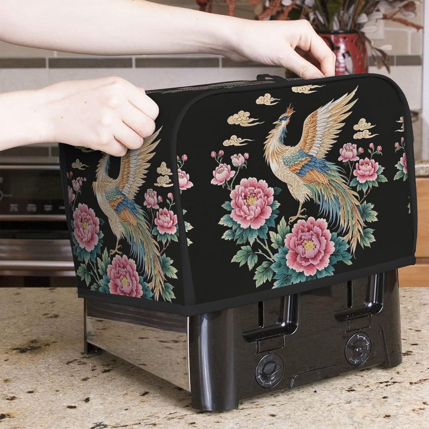 Embroidered Phoenix Toaster Cover 2 Slice, Waterproof Bread Machine Covers with Pockets Universal Size Kitchen Small Appliance Cover with Handle, Dust and Fingerprint Protection