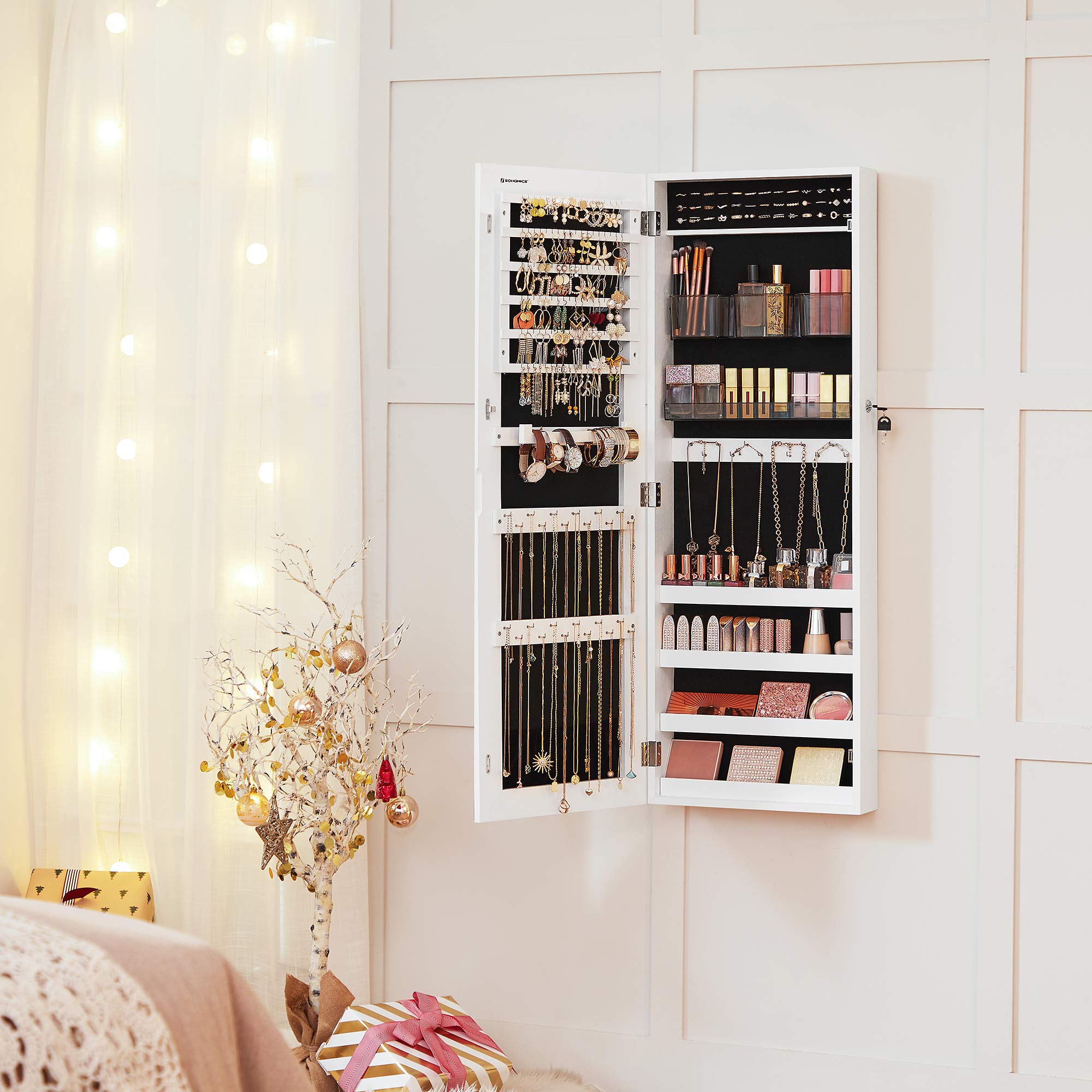 SONGMICS Armoire à Bijoux Murale, Organisateur avec Lumières LED, Placard de Rangement, avec Miroir sans Cadre, Miroir de Maquillage Intégré, 2 Tiroirs, Verrouillable, Blanc JJC013W01