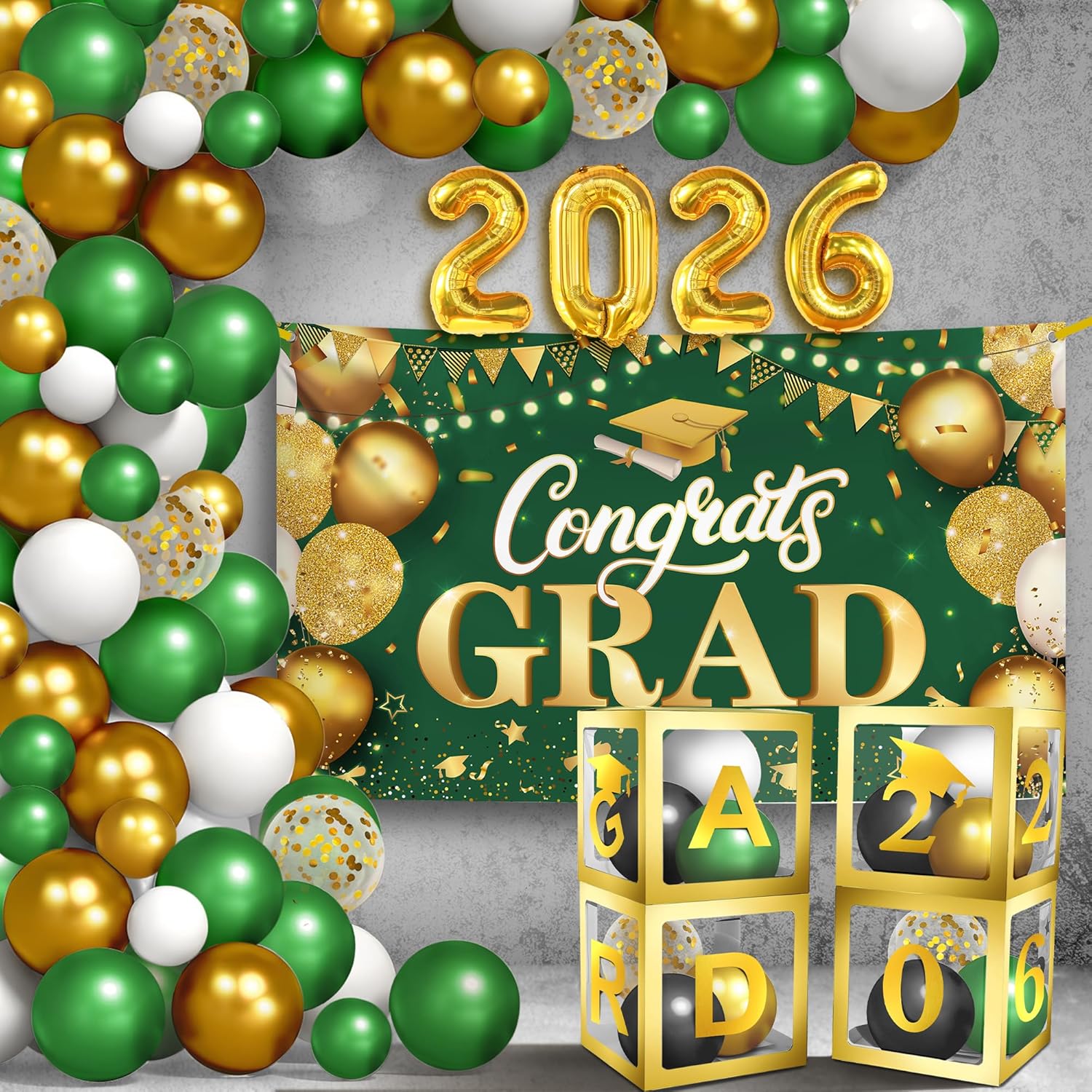 KatchOn, Green and Gold Graduation Decorations Class of 2026, Huge, Pack of 73, Congrats Grad Banner and Grad Balloon Boxes, 2026 Grad Balloons for 2026 Graduation Decorations, 2026 Grad party Decor