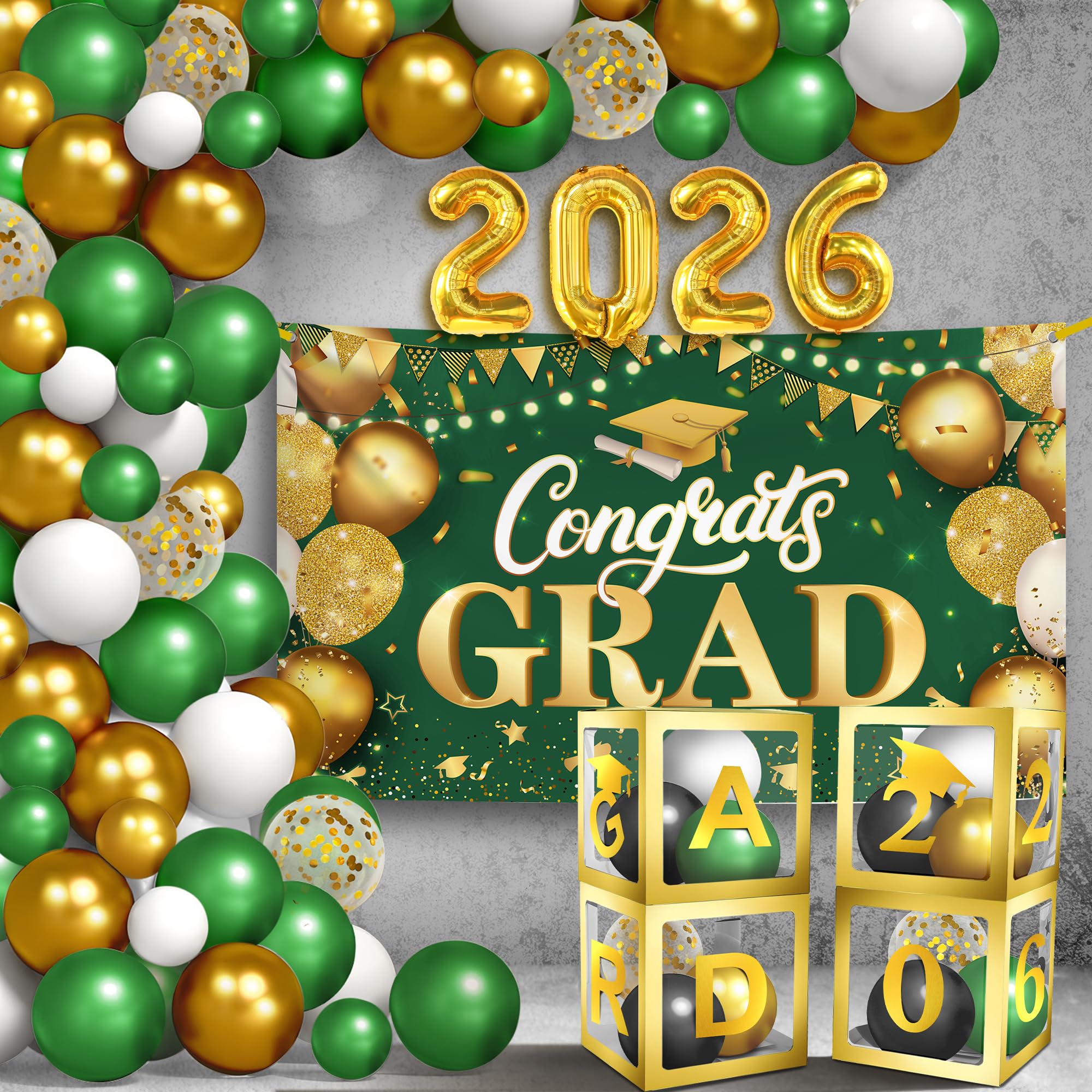 Photo 1 of Green and Gold Graduation Decorations 2026 - Pack of 76 | Congrats Grad Banner, Green Graduation Banner and Grad Balloon Boxes Graduation Balloon Arch Kit 2026 Congrats Grad Decorations, KatchOn