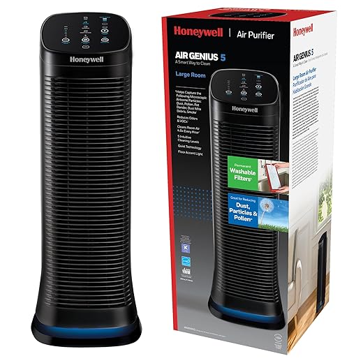 Honeywell Air Genius 5 Air Purifier for Large Rooms up to 1200 Ft², Permanent Washable Filters, Reduces Dust, Pollen, Pet Dander, Odors, Smoke, Black, HFD320