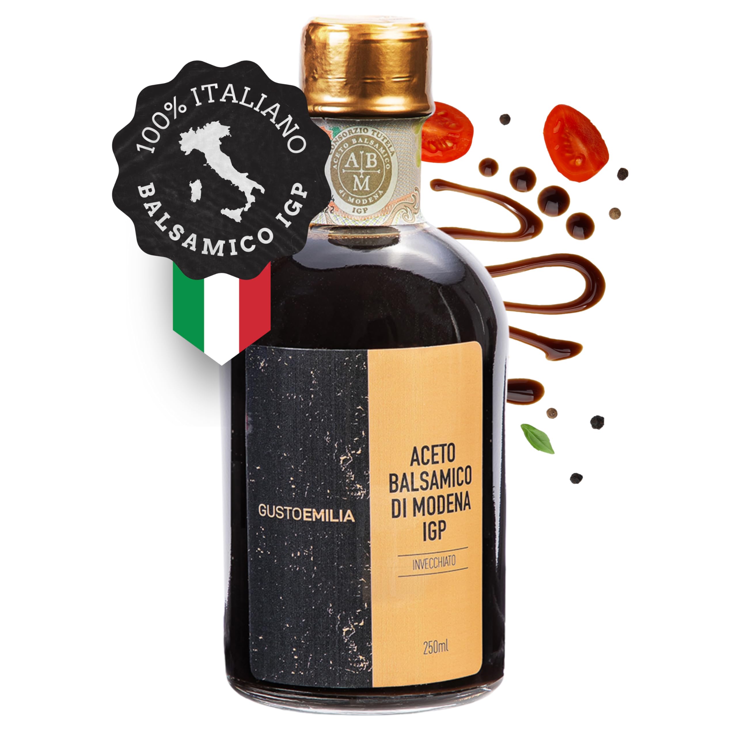 GUSTOEMILIA - Aceto Balsamico di Modena I.G.P. Autentico Tradizionale Invecchiato Qualità Sigillo Oro Bottiglia da 250 ml