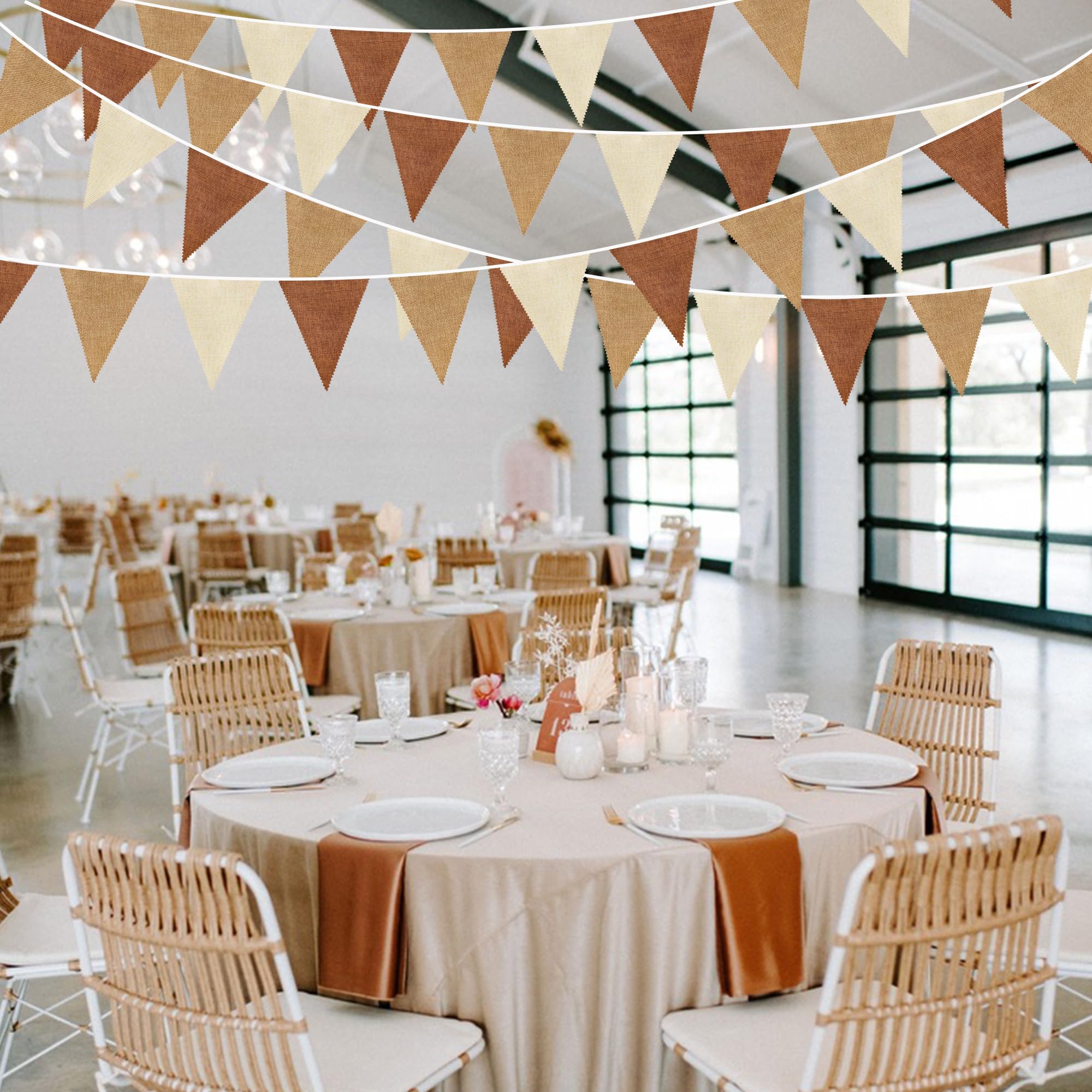 32Ft Brown Party Decorations Boho Pennant Banner Fabric Triangle Flag Linen Bunting Garland Streamers for Woodland Teddy Bear Baby Shower Jungle Safari Birthday Home Nursery Outdoor Garden Decor