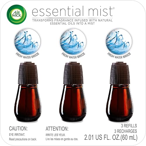 Air Wick Recambio de niebla esencial, 3 unidades, agua fresca, ambientador, aceites esenciales