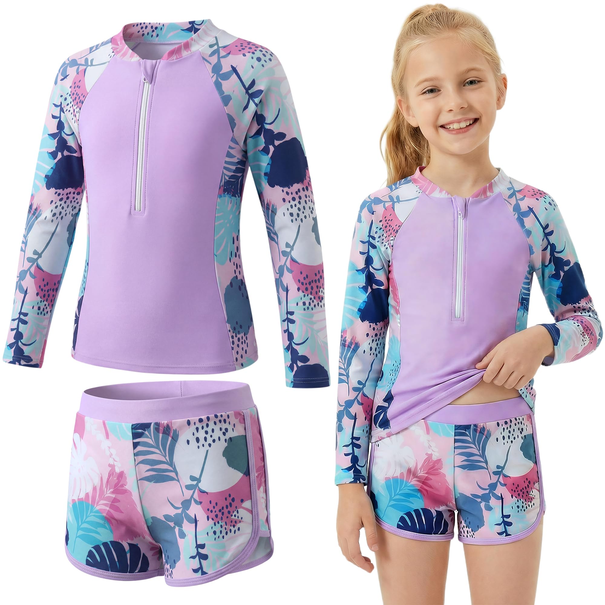 Traje de Baño Niña 2 Piezas Manga Larga Protección Solar, Estampado Top con Cremallera y Shorts Secado Rápido, Bañador Suaves Rash Guard Playa Piscina Ropa para 5-13 Años