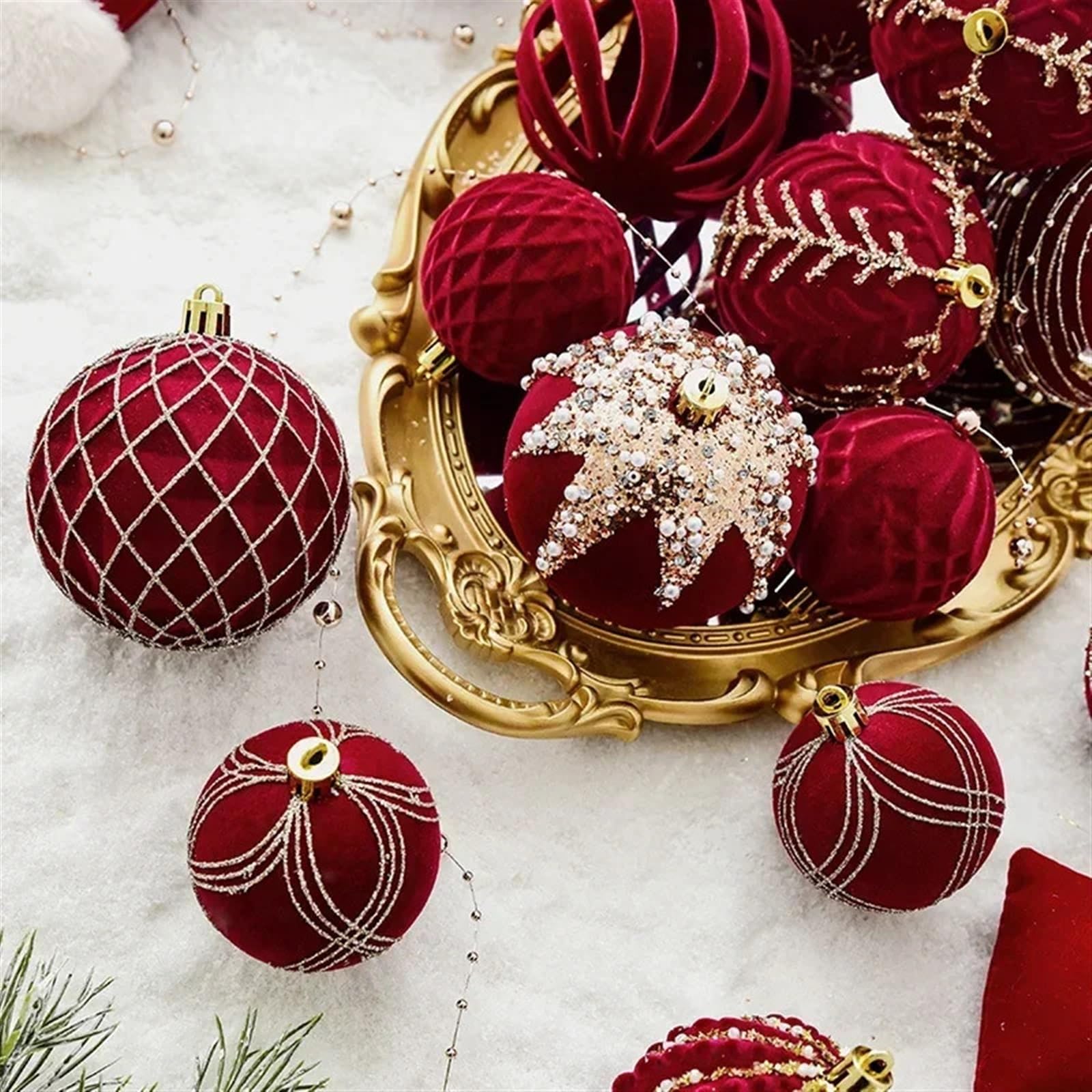 Bola de Navidad pintada de 8 cm, bola de Navidad de felpa roja, decoración de árbol de Navidad, adornos colgantes