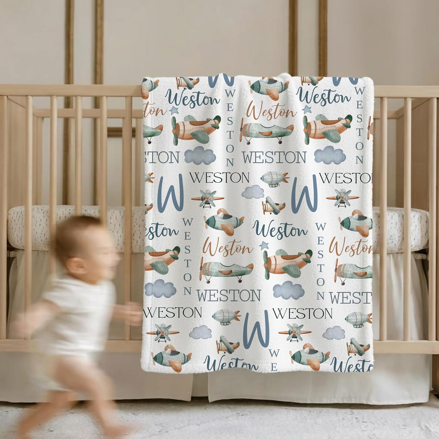 Personalized Airplane Baby Blanket with Name, A Little Pilot Nursery Blanket for Boys, Soft Plush Custom Blankets, Newborn Kids 30x40