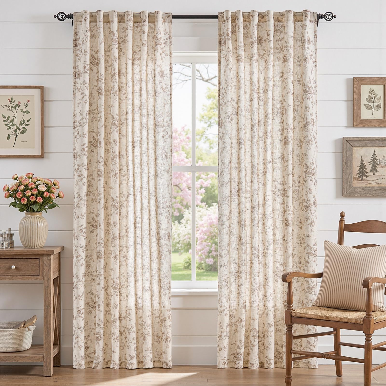 Photo 1 of jinchan Linen Curtains 84 inch Taupe Floral Farmhouse Rod Pocket 2 Panels