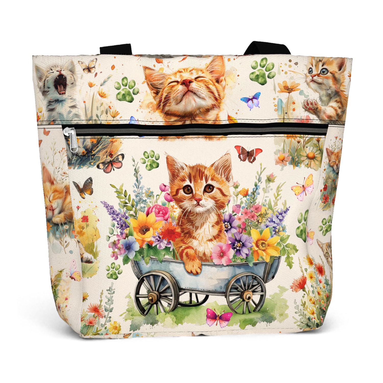 Waterproof Tote Bag with Pockets and Zipper for Work. Shoulder Bag for Women. Gift for Cat Lover Cat Owner.
