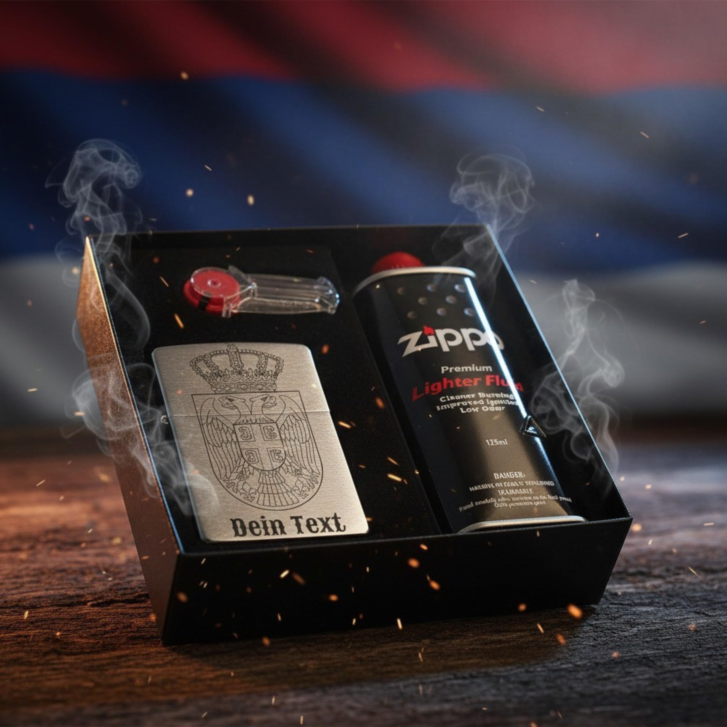 Zippo Benzinfeuerzeug Serbien personalisiert mit Lasergravur Personalisieren Dein Text Logo serbische Flagge Wunschtext Sturmfeuerzeug Serbia