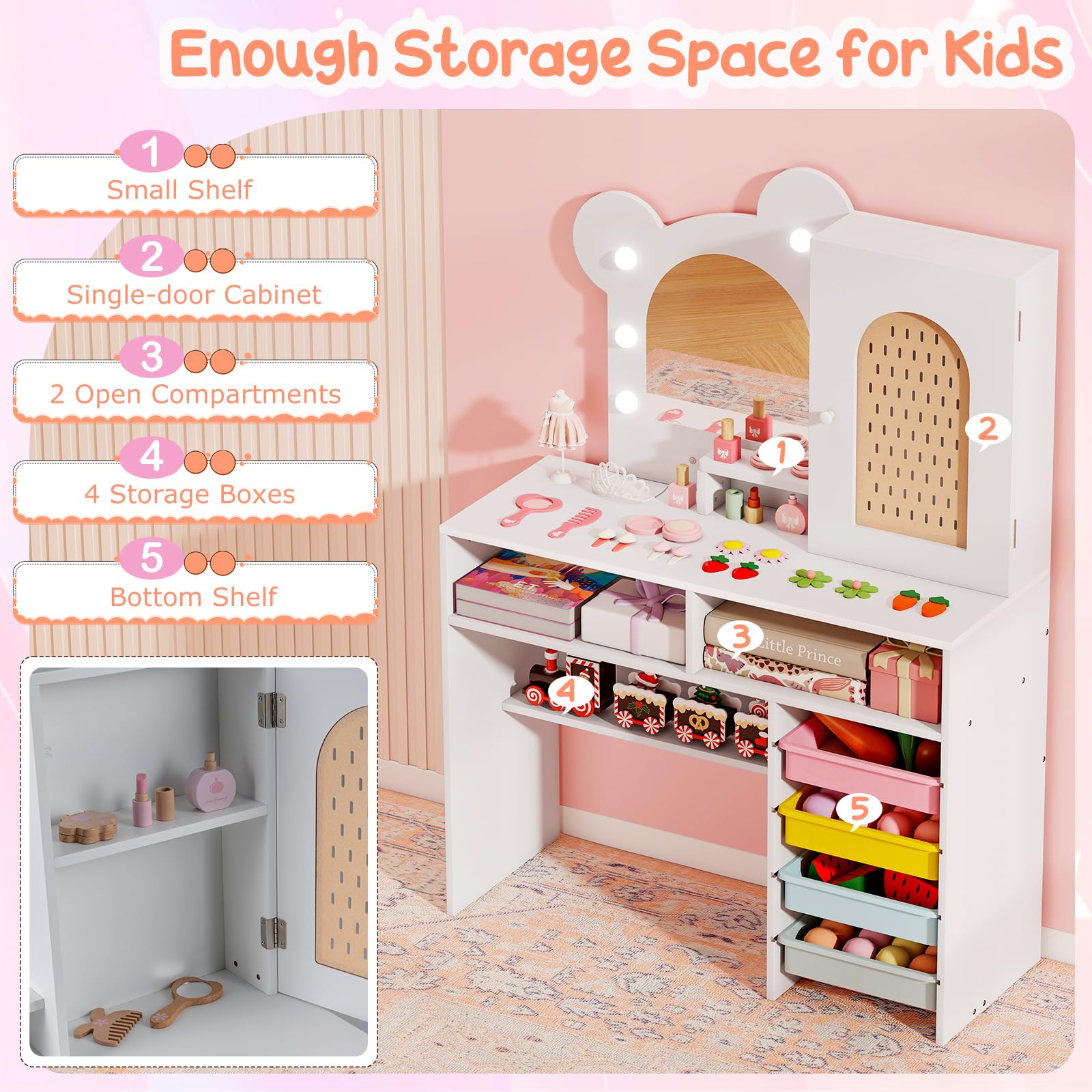 LIFEZEAL Tocador Infantil con Luces, Tocador Niña con Espejo y Silla Princesa, 5 Cajones y 2 Compartimentos, Armario de Una Puerta, Estante Abierto, Mesa de Maquillaje para Niños (Blanco)