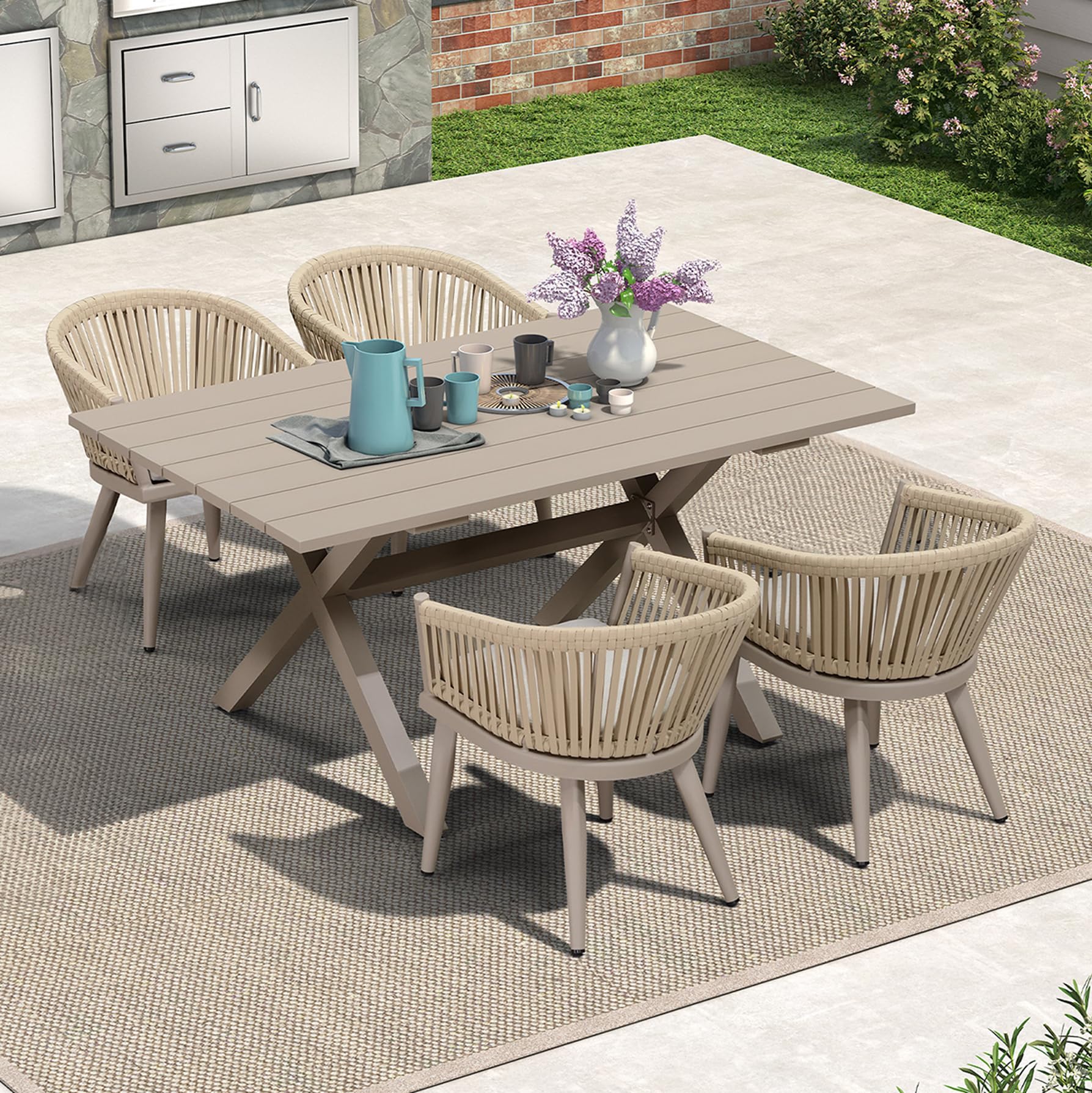 PURPLE LEAF 5 Pieces Outdoor Dining Set with Cushion PE Rattan, Champagne
