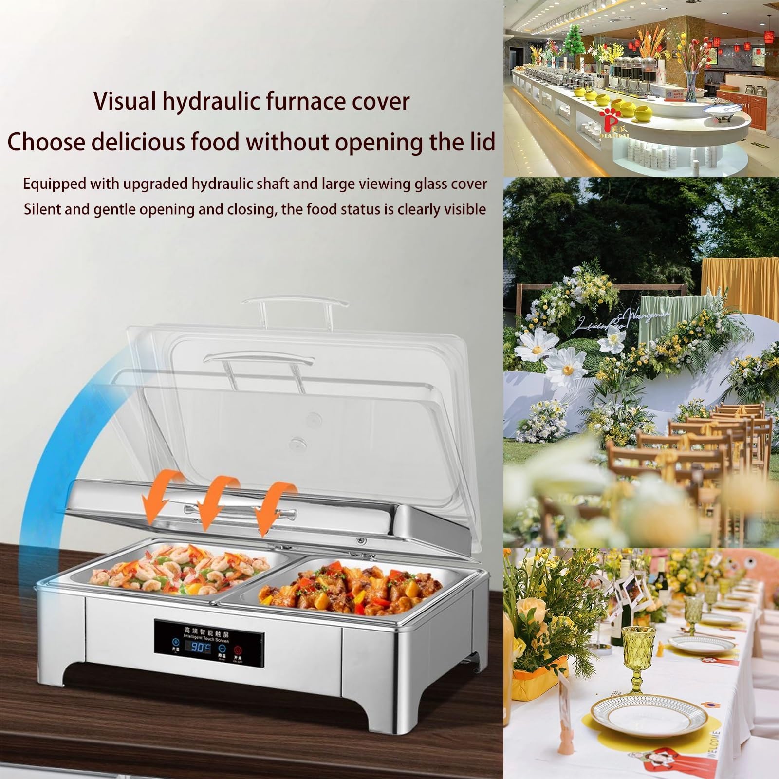 Calentadores de alimentos de buffet con temperatura ajustable y tapa de vidrio para servir en la mesa