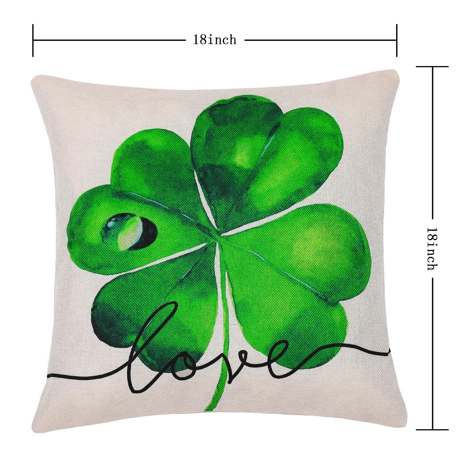St Patricks Day Decor-Throw Pillow Covers 18x18 in Set of 4,Shamrock Linen Pillow Case with Green Hat Irish for Large Couch Sofa Home Indoor Outdoor Holiday Decorations