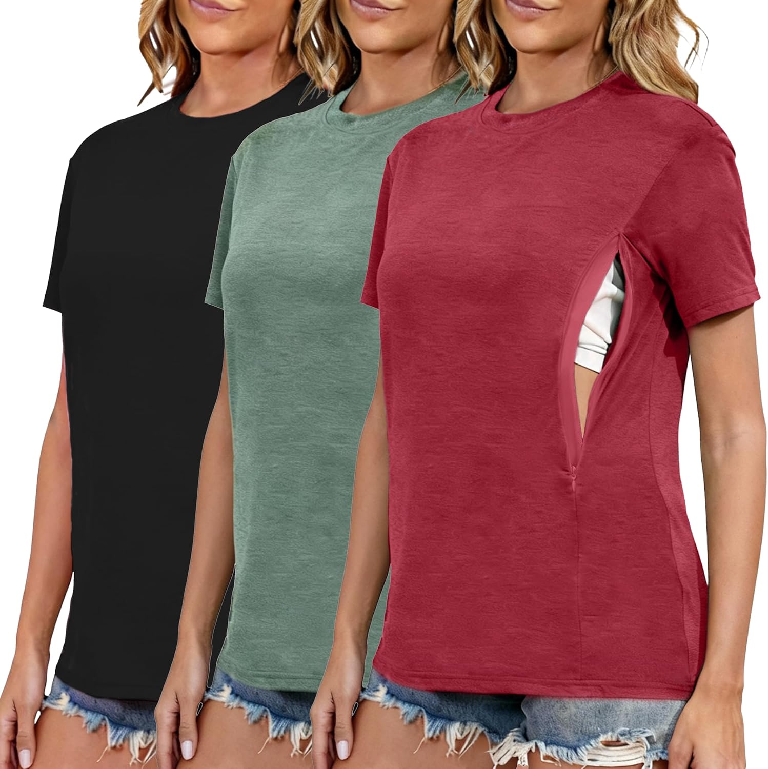 Ecavus Women's 3-Pack Nursing Shirts for Breastfeeding with Hidden Zippers Loose Fit Maternity Tops