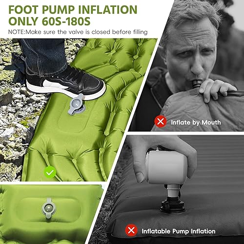 Miniatura 5 de Almohadilla de dormir doble para campamento, autoinflable de 4 pulgadas, extra gruesa, para 2 personas con almohada, bomba de pie incorporada,