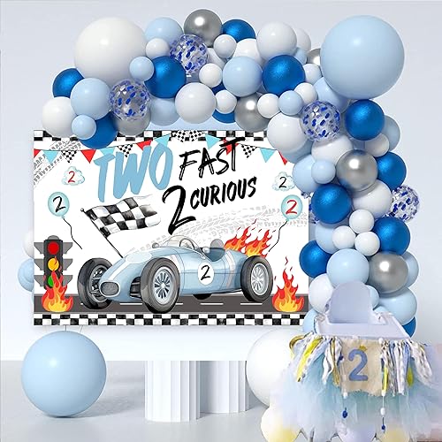 Miniatura 4 de Two Fast 2 Curious Racing - Cartel de cumpleaños de coche de 2do cumpleaños, suministros para fiestas temáticas de carreras