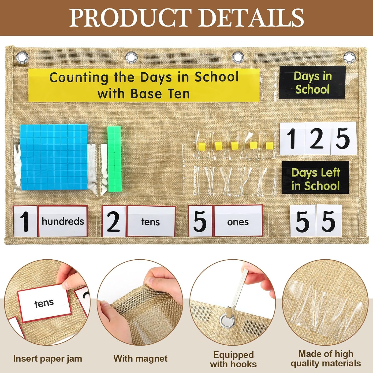 Resurhang Back to School Counting the Days with Base Ten Pocket Chart Place Value, Counting Caddie Pocket Chart for Classroom Bulletin Board School or Home Decor, 4 Hooks(Burlap Color,Classic Style)