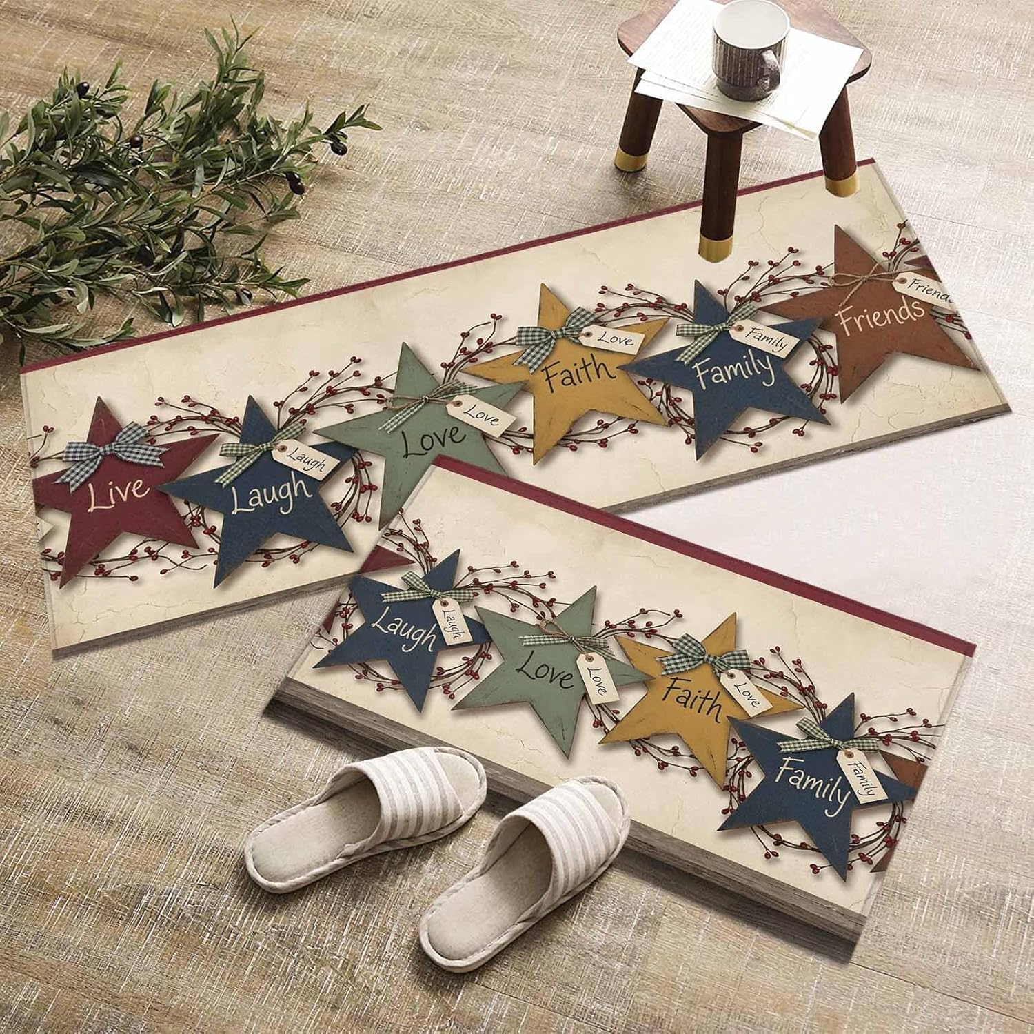 Kitchen Mats for Floor Love Faith Family Star Washable Non Slip Kitchen Rugs 2PCS, Farmhouse Blue Green Stars Absorbent Standing Mats for Sink Bathroom Office Living Room 15.7x23.6in+15.7x47.2in