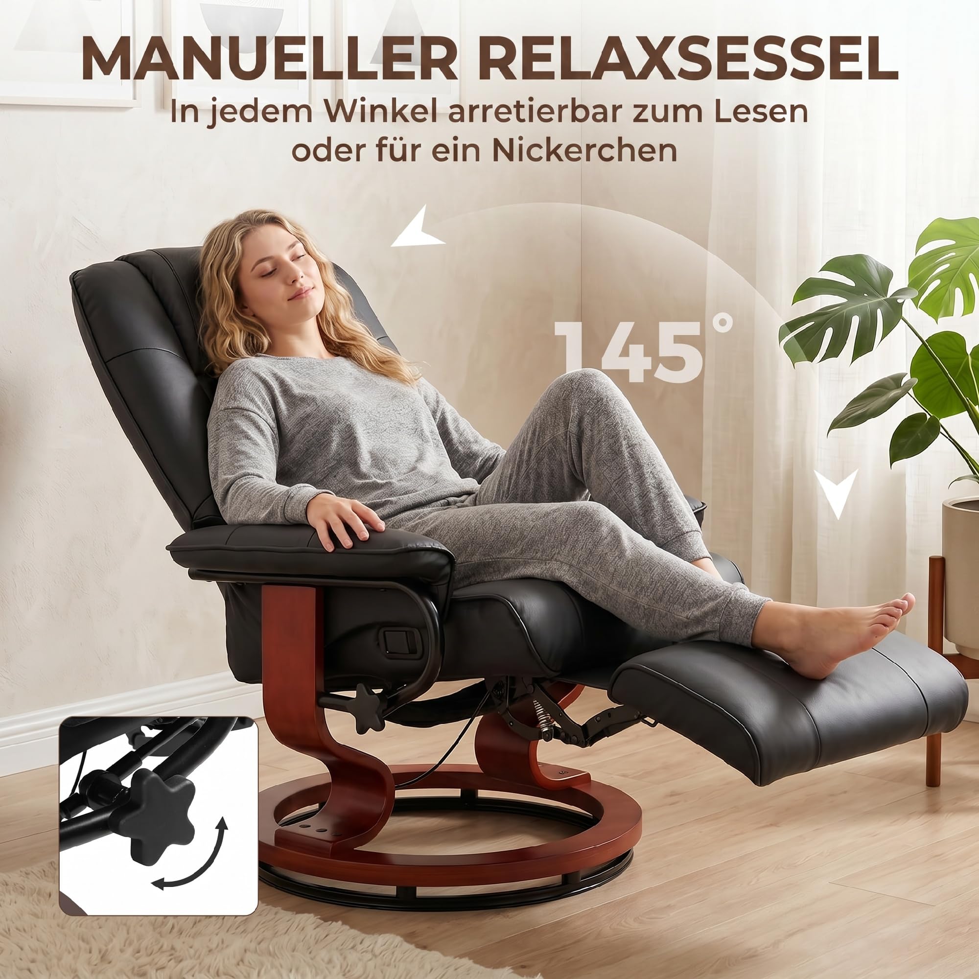 HOMCOM Fauteuil Relax Inclinable, Fauteuil de Salon, Repose-Pieds Réglable, Pivotant 360°, Piètement Bois, Revêtement Synthétique, Noir