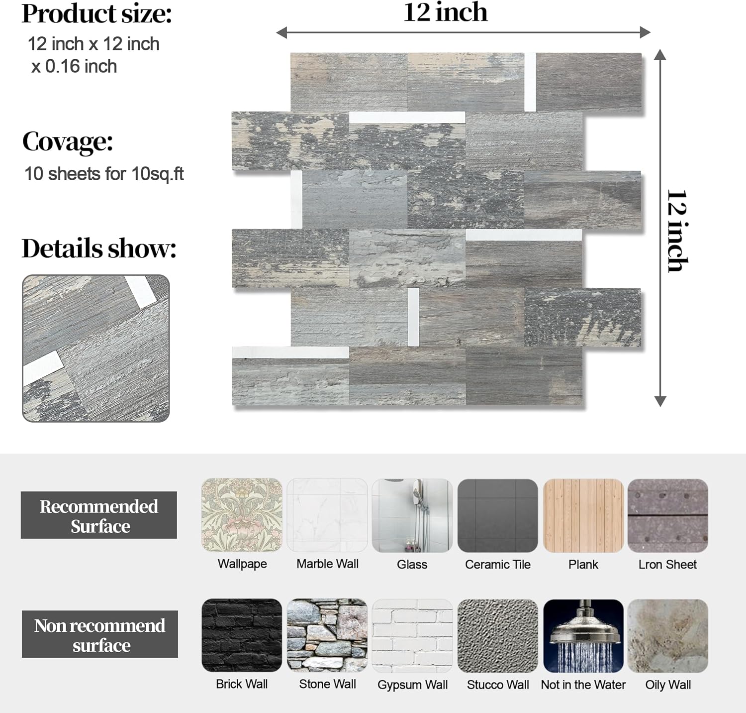 10 Sheet Peel and Stick Backsplash for Kitchen Tile,12''x12'' Rustic Wood PVC Mixed Metal Stick on Backsplash Wall Tiles for Kitchen, Bathroom, Laundry Room