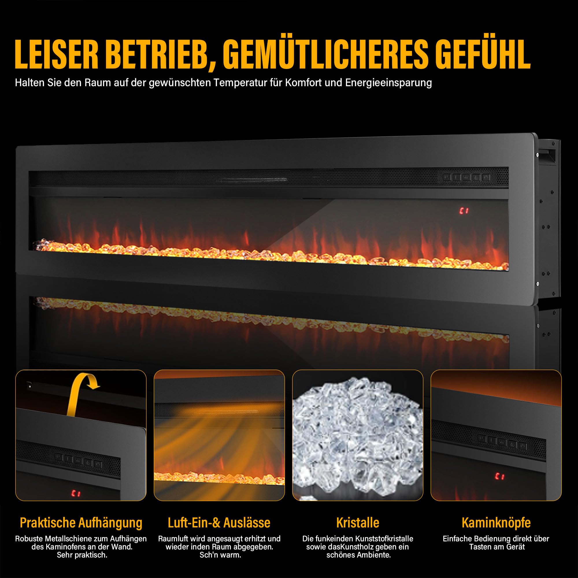Elektrischer Kamin, an der Wand montiert/vertieft/frei stehend 40 Zoll Raumheizung mit Fernbedienung einstellbare Flammen Farben Touch Screen Energieeinsparung