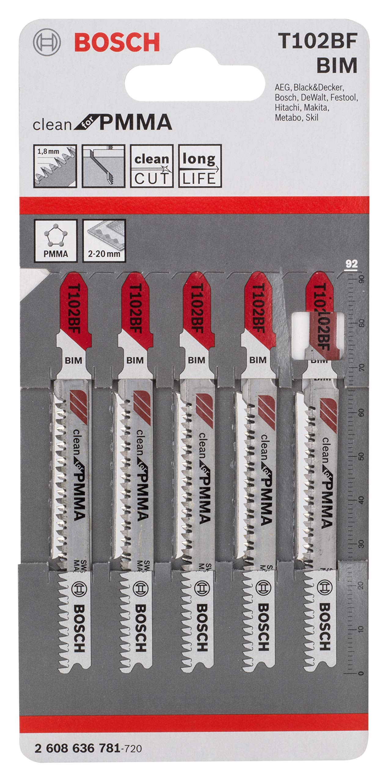 Bosch PRO T102BF Plastic Perspex Cutting Jigsaw Blade Pack of 5