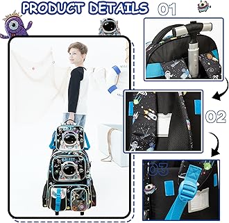 Meetbelify Kids Rolling Backpack with Wheels for Boys Rolling Backpacks with Lunch Box for Elementary School Students 3 in 1 Travel Luggage Suitcase for Boys Age 8-10