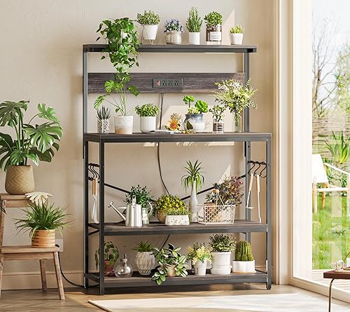 Miniatura 117 de SUPERJARE - Estante de cocina con toma de corriente de 4 niveles, soporte de microondas de cocina con 6 ganchos en forma de S, estante de Marrón