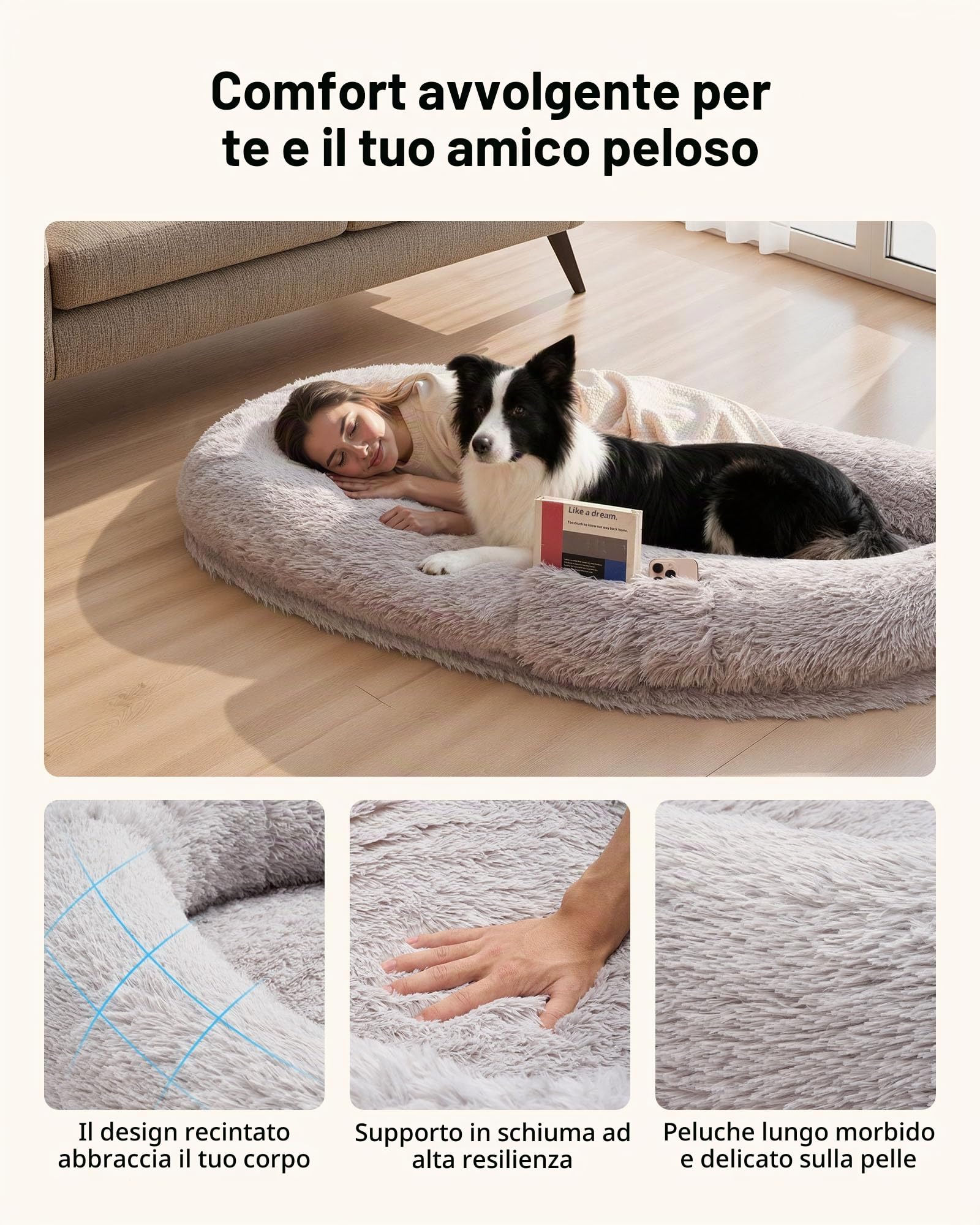 VEVOR Letto Stile Cane per Umani Amici Pelosi da 1710 x 1000 x 240 mm, Letto per Cani a Misura Umana, con Tasca Laterale, Maniglia e Cerniera, Fodera Rimovibile e Lavabile in Lavatrice, Pelo Alto
