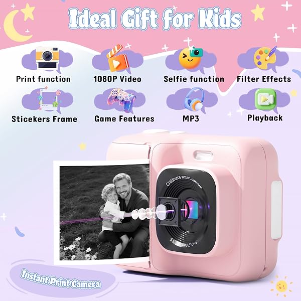 Kinderkamera Sofortbildkamera, 1080P Sofortbildkamera Kinder für 4 5 6 7 8 9 10 Jahre alte Mädchen Jungen, tragbares Spielzeug mit 1 Pack 32 GB SD-Karte und 1 Pack 3 Rollen Druckpapier, Rosa - 2