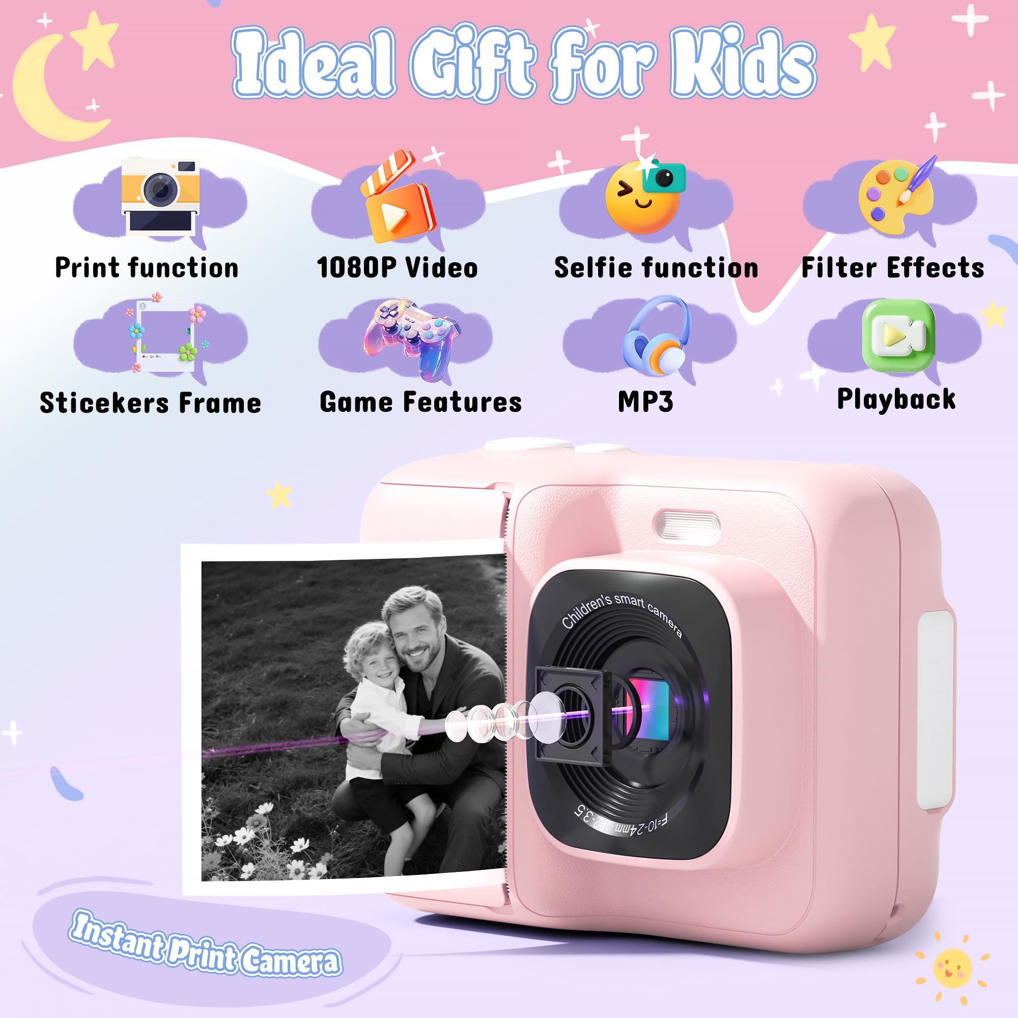 Kinderkamera Sofortbildkamera, 1080P Sofortbildkamera Kinder für 4 5 6 7 8 9 10 Jahre alte Mädchen Jungen, tragbares Spielzeug mit 1 Pack 32 GB SD-Karte und 1 Pack 3 Rollen Druckpapier, Rosa - 2