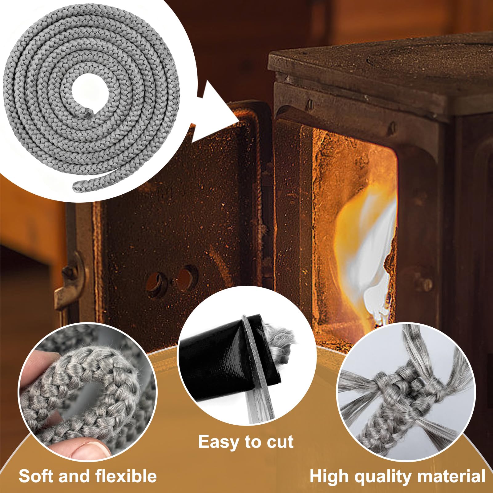 1 Pezzi Guarnizione per Porta Stufa+4 Nastri,Guarnizione Stufa a Legna,Fibra di Vetro Corda Ignifuga per Stufa,per Camino,Stufe,Resistente Fino a 450-550℃(10mm*2m,Grigio)