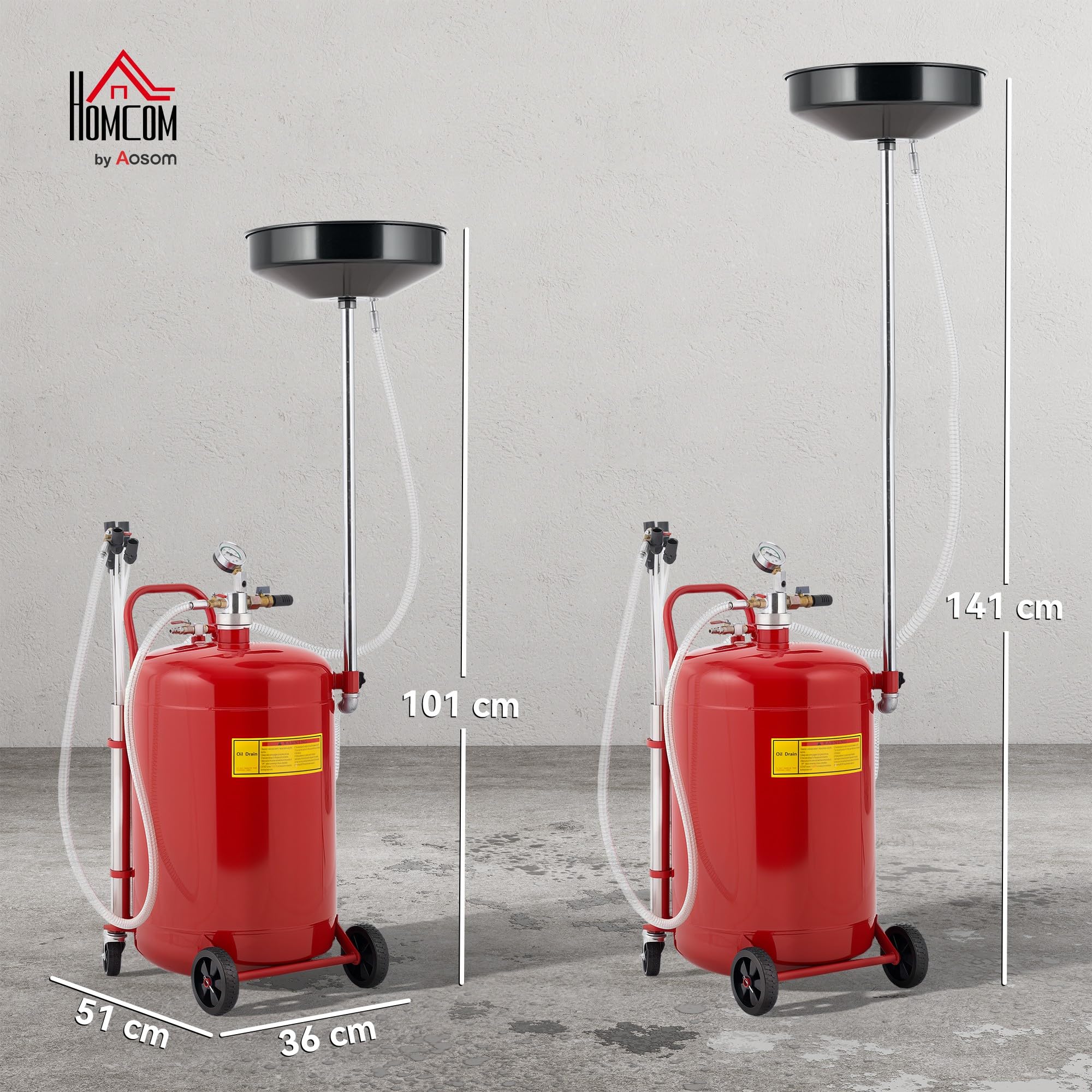 HOMCOM Récupérateur de Vidange d'Huile Usagée 80 L Hauteur 101-141 cm Rouge | Hauteur Réglable, Chariot Récupération Huiles Portable, avec Roues et Poignée