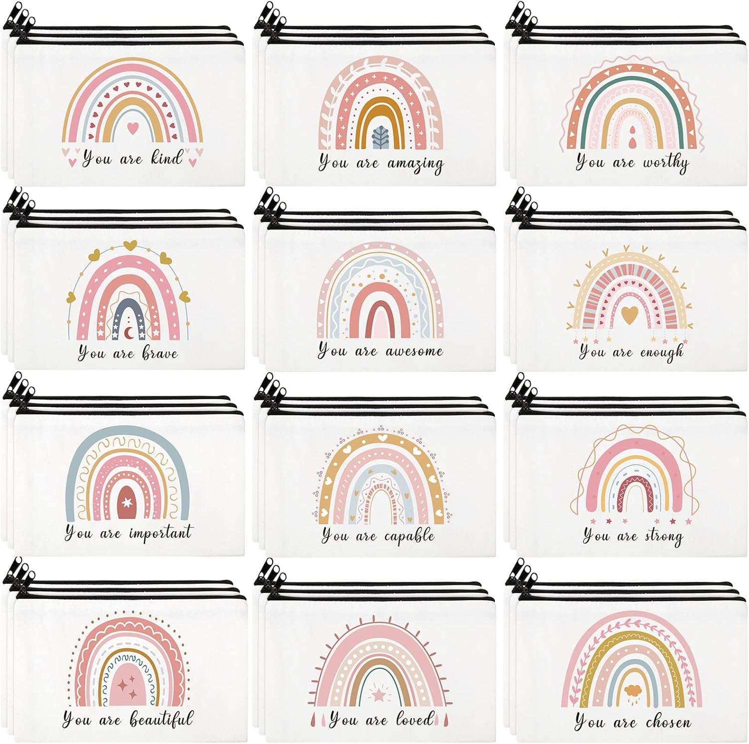 Hillban 36 Pcs Rainbow Cosmetic Bags for Women Inspirational Cute Canvas Makeup Bags Bulk Motivational Travel Cosmetic Pouch Beautiful Gifts for Teacher, 12 Styles