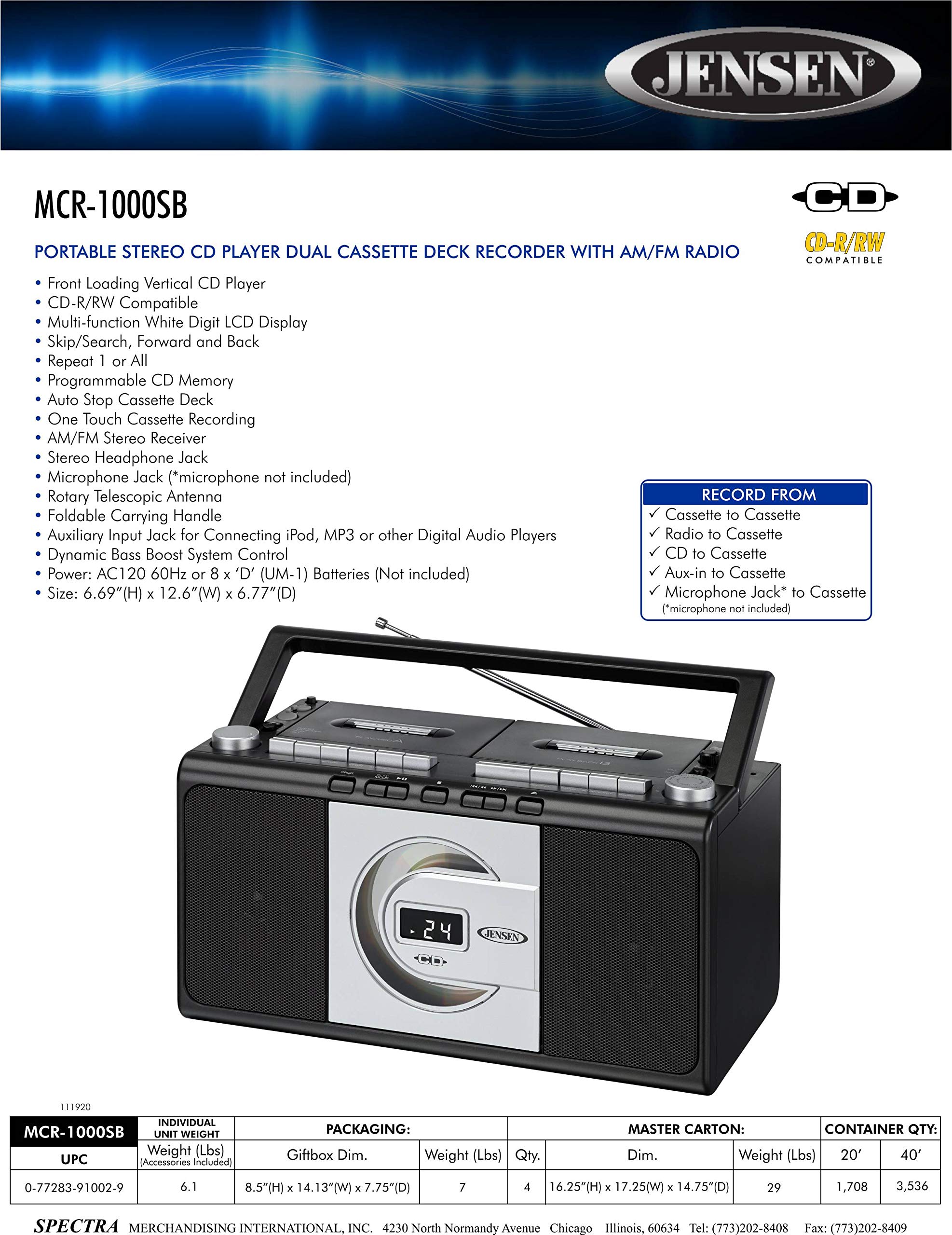 Jensen MCR1000SB Modern Retro Music System Portable CD/Cassette Player