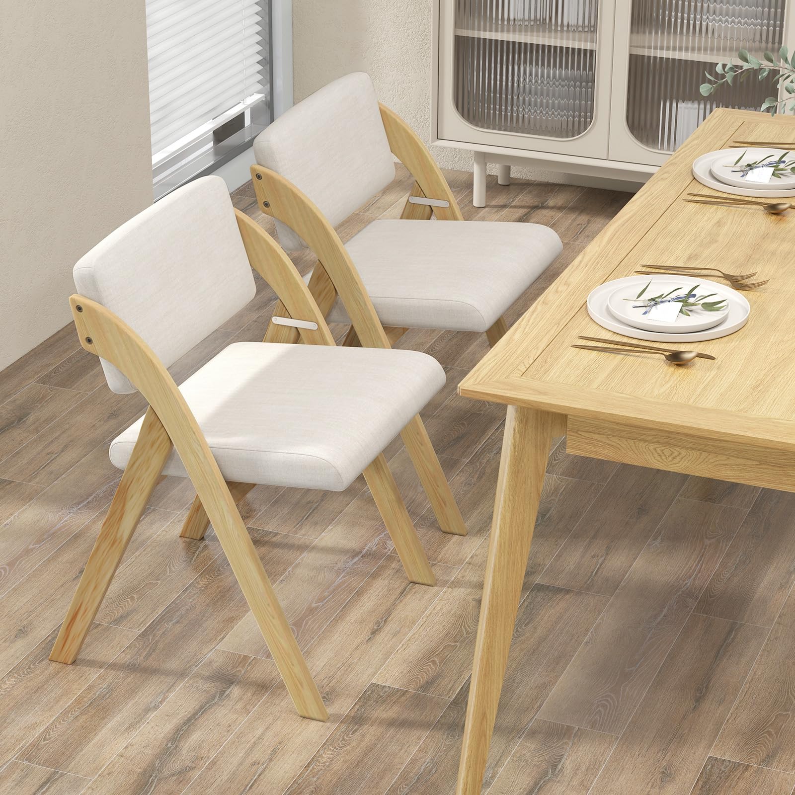 COSTWAY Set 2 Sedie da Pranzo, Sedia da Cucina Pieghevole con Gambe in Legno di Gomma, Sedile e Schienale Imbottiti, Sedia Portatile per Casa Ufficio Matrimonio, Portata 160 kg (Naturale)