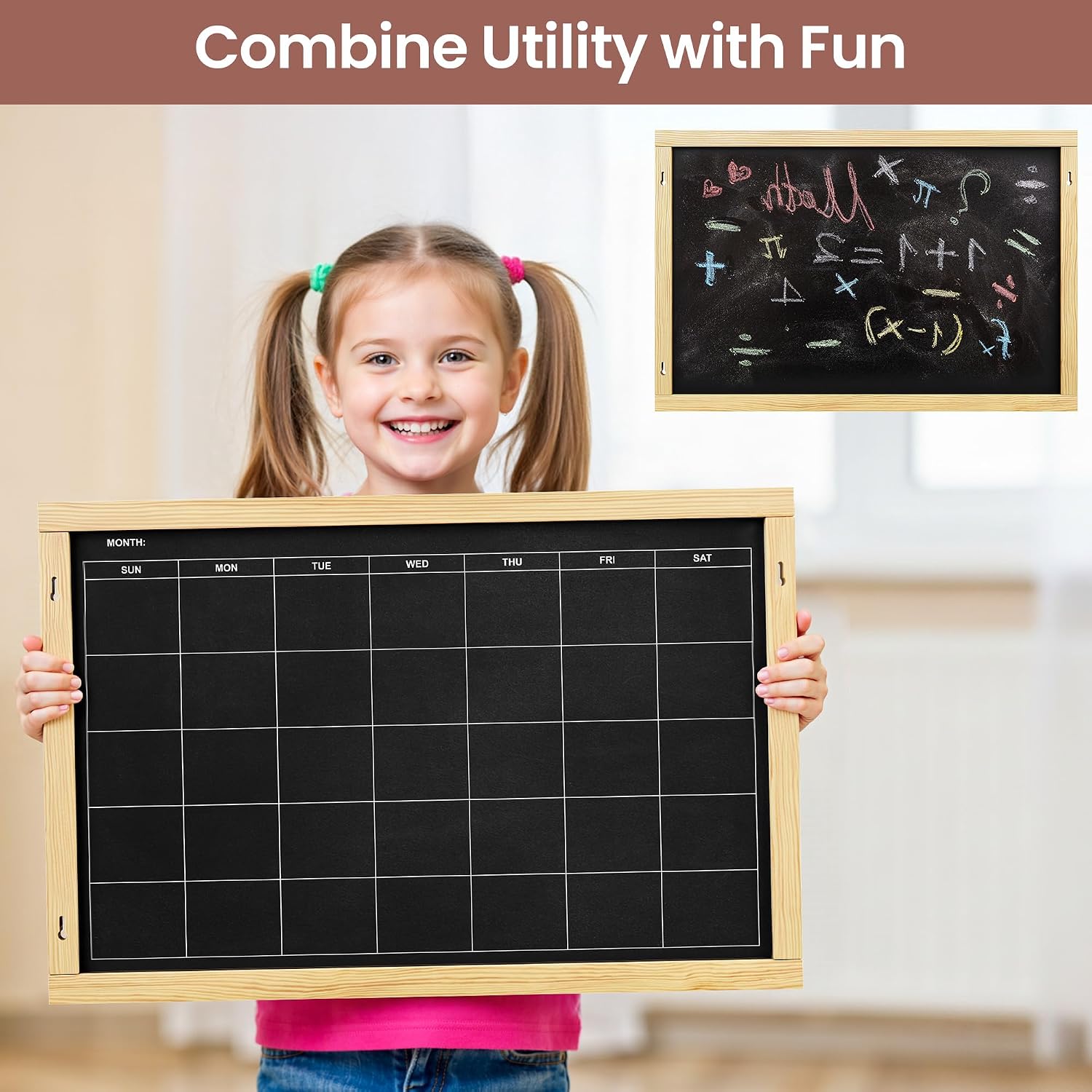 2-in-1 Double-Sided Magnetic Chalkboard 24"x16", Chalk Calendar Board & Large Blackboard for Kitchen & Home Decor, Schedule, Menu, Back-to-School Gift - Hanging Chalk Board with 2 Liquid Pens, Wood