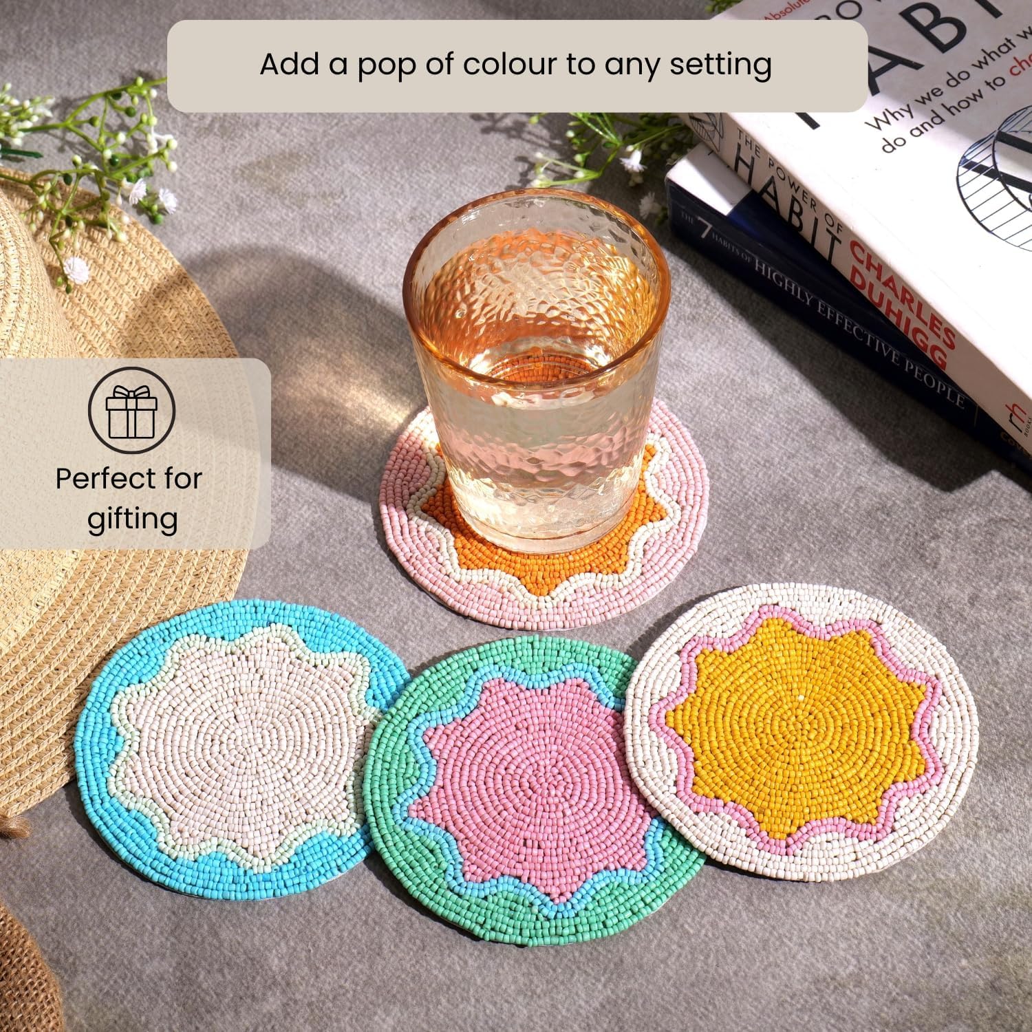 Beaded Coaster Set of 4 – Multicolor Glass Bead Coasters for Drinks, Handmade Boho Table Decor, Heat-Resistant Cup Mats for Coffee Tables, Dining, Parties & Gifting