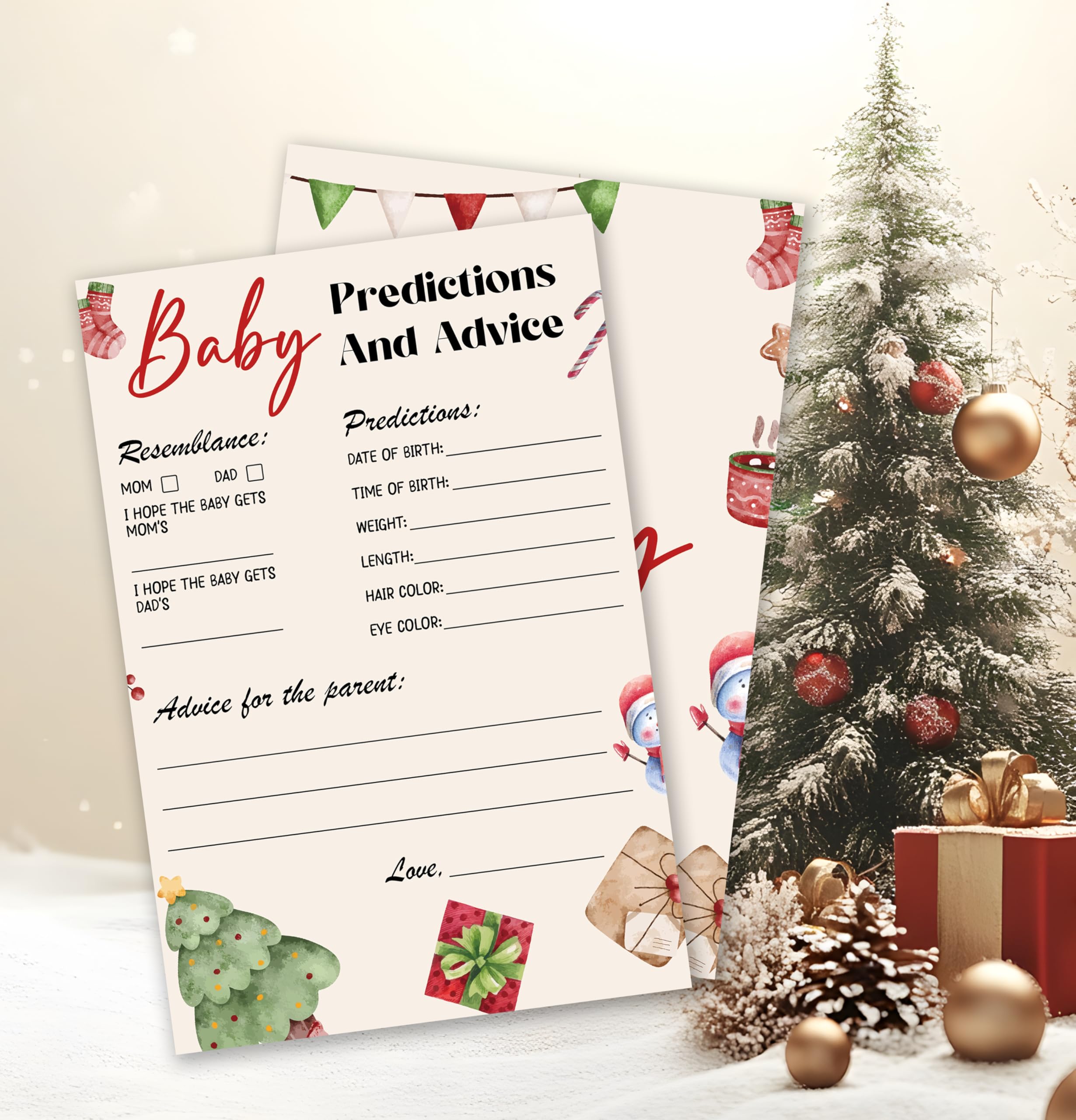 Świąteczne karty do gry na baby shower – 25 dwustronnych kart przewidywania i porad dla dzieci, zimowe upominki na imprezę neutralną płciowo - C02