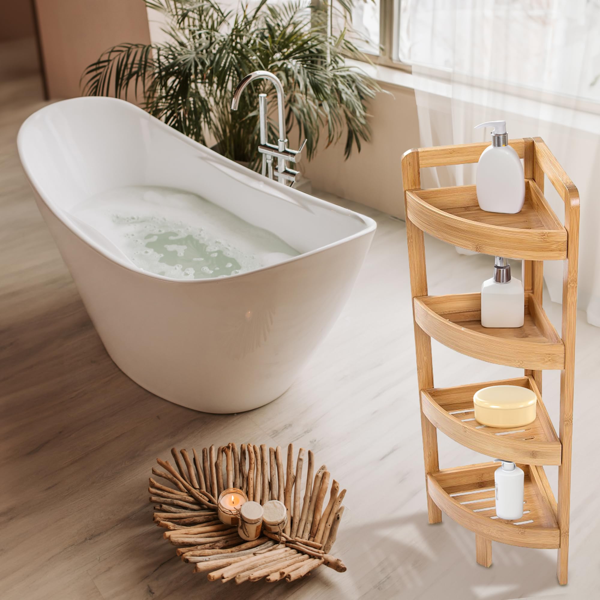 Bambus Badregal Standregal Eckregal Badregal mit 4 Ablagen Holzregal Badezimmerregal 80 cm hoch