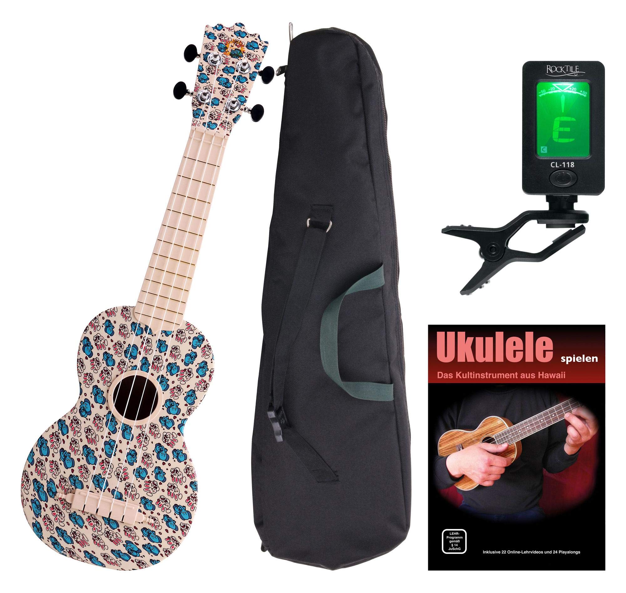 Classic Cantabile BeachBuddy Sunny Zoo Ukulele Set incl. Accordatore | Classic Cantabile Ukulele Soprano, Resiste a umidità e sbalzi di temperatura, Scala soprano, 12 tasti, Design originale