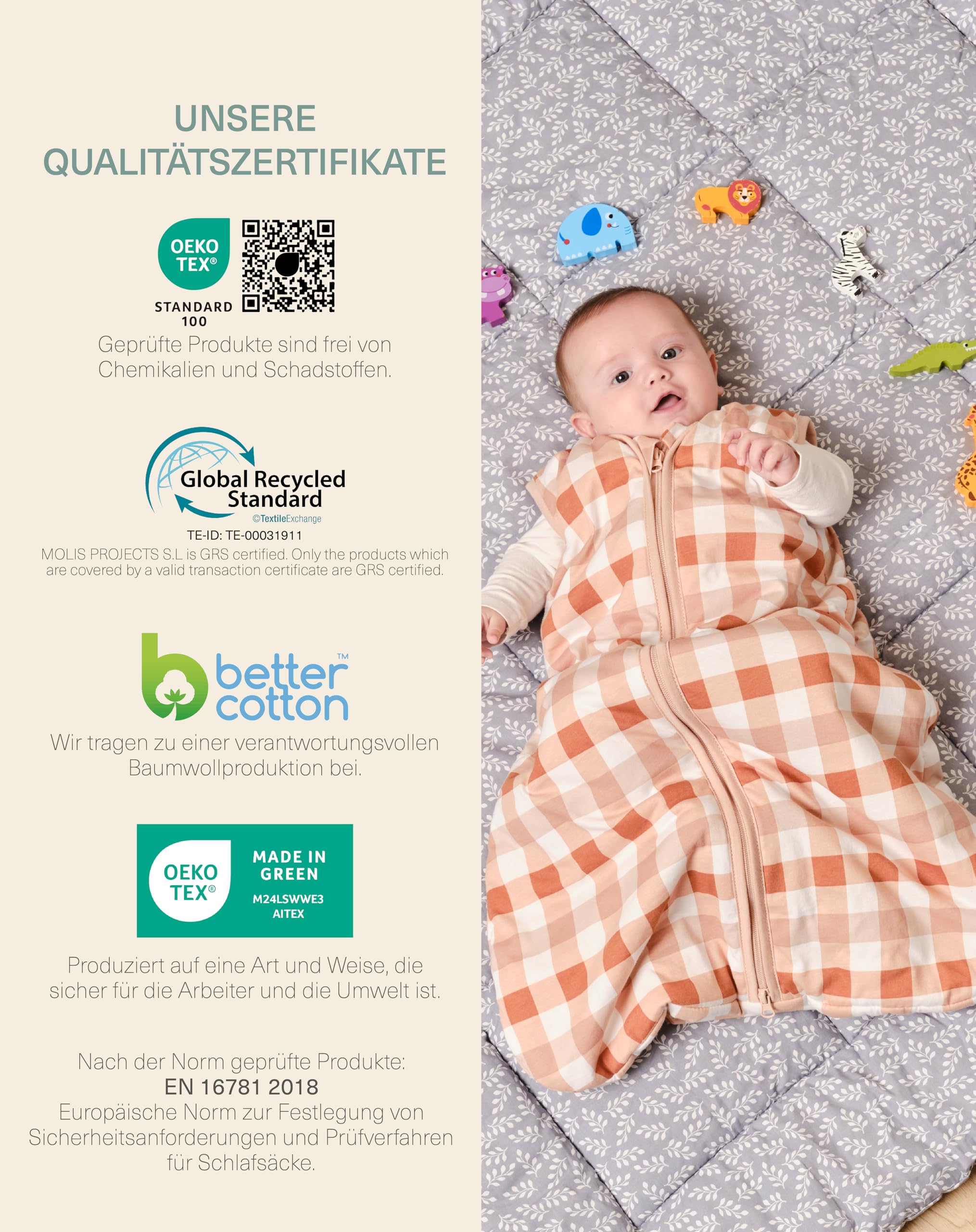 molis&co - Baby Schlafsack ärmellos - Ideal für Frühling und Herbst - Babyschlafsack 1 tog ohne Ärmel - Leicht gepolstert - 100% Baumwolle (Oeko-TEX 100), Premium Qualität