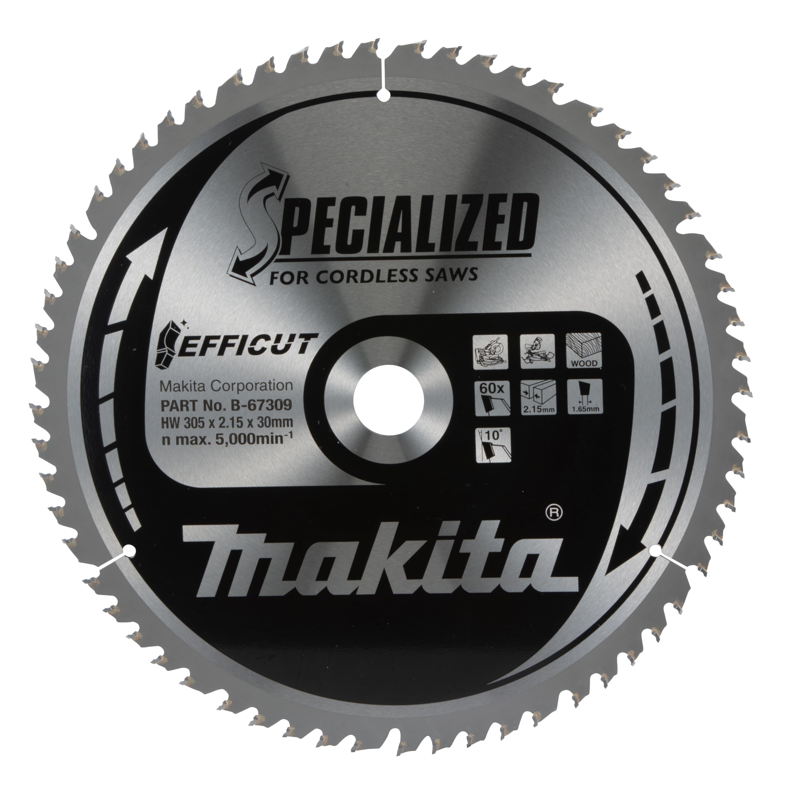 Makita B-67309 EFFICUT brzeszczot do piły tarczowej Ø 305 x 2,15 x 30 mm, 60 zębów, kąt zębów 10°, do czystych i szybkich cięć w drewnie, do akumulatorowych pił nasadowych i ukośnych