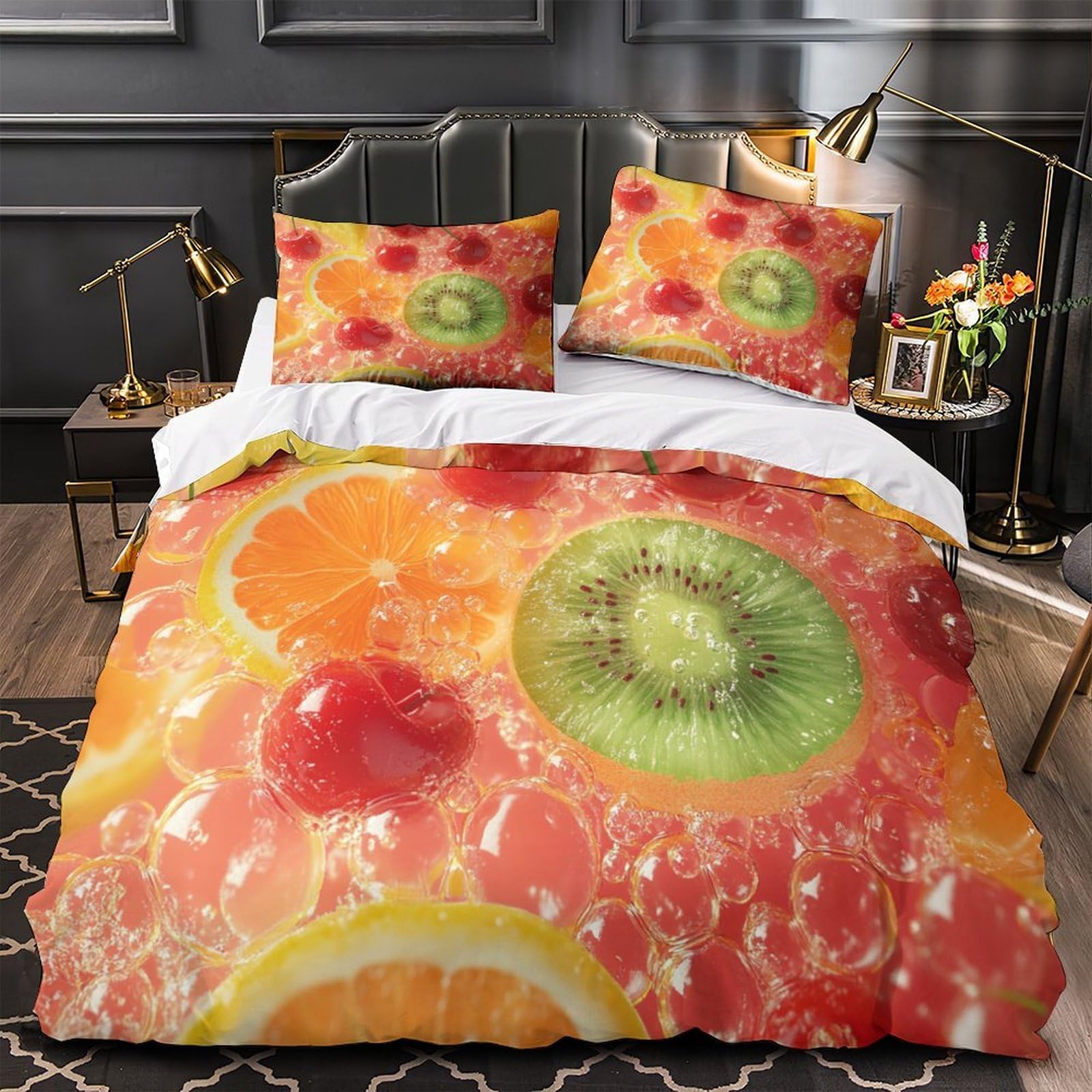 Housse de couette fruits frais 3D lit double ado enfant anti-tache