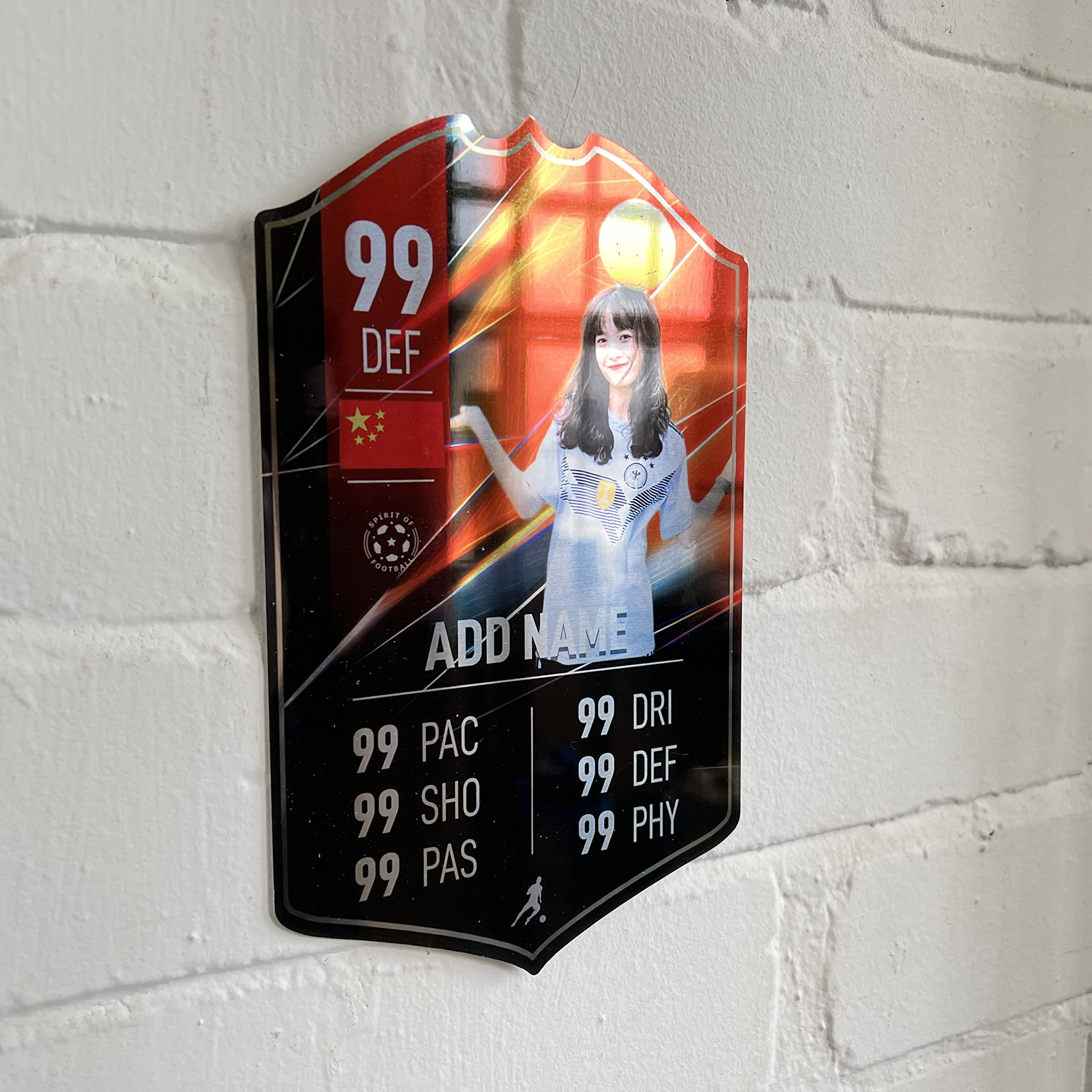 ShopQuality4U Mirror Finish Personalise Football Cup Player Stats Card Sign - Red Background Printed Metal Shield Sign Wall Art A4 Player Add Name (28x17cm)