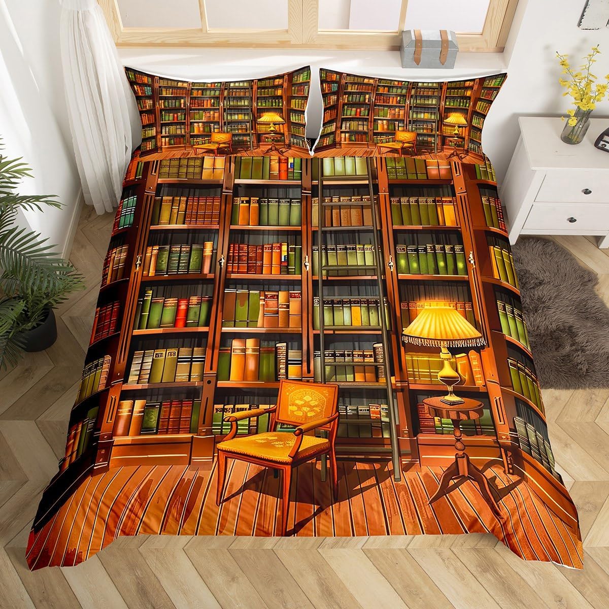 Erosebridal Vintage Bookshelf Duvet Cover for Kids Teens,Retro Library Bookcase Comforter Cover,Educational Literature Bed Set,Classic Hippie Brown Bookrack Bedspread Cover with Zipper,King 3Pcs